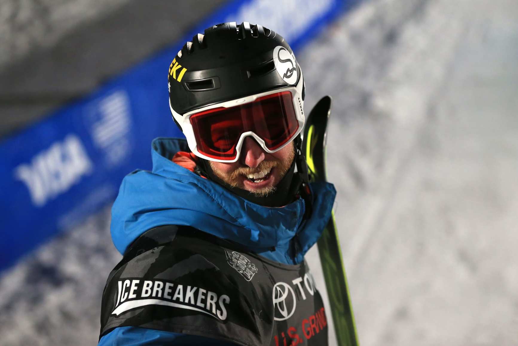 MAMMOTH, CA - JANUARY 19:  Kyle Smaine looks on after finishing in first place in the final round of the FIS Freeski World Cup 2018  Men's Ski Halfpipe during the Toyota U.S. Grand Prix on January 19, 2018 in Mammoth, California.  (Photo by Sean M. Haffey/Getty Images)