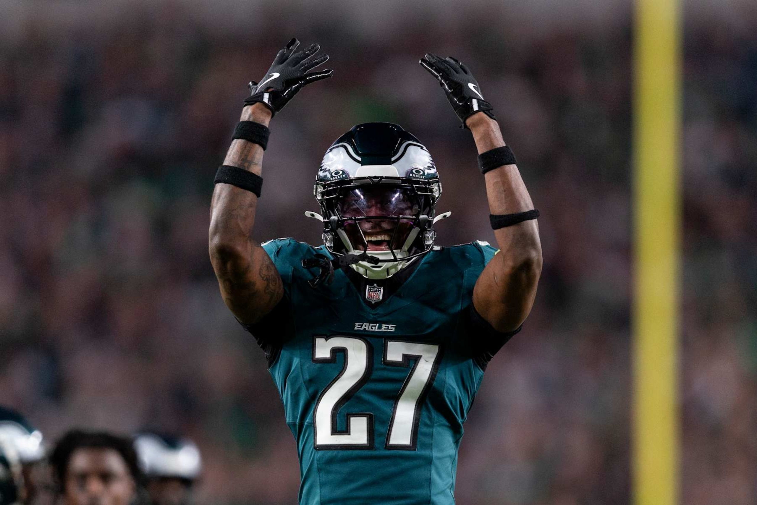 PHILADELPHIA, PENNSYLVANIA - SEPTEMBER 16: Quinyon Mitchell #27 of the Philadelphia Eagles celebrates during an NFL football game between the Philadelphia Eagles and the Atlanta Falcons at Lincoln Financial Field on September 16, 2024 in Philadelphia, Pennsylvania. (Photo by Michael Owens/Getty Images) PHILADELPHIA, PENNSYLVANIA - SEPTEMBER 16: Quinyon Mitchell #27 of the Philadelphia Eagles celebrates during an NFL football game between the Philadelphia Eagles and the Atlanta Falcons at Lincoln Financial Field on September 16, 2024 in Philadelphia, Pennsylvania. (Photo by Michael Owens/Getty Images)