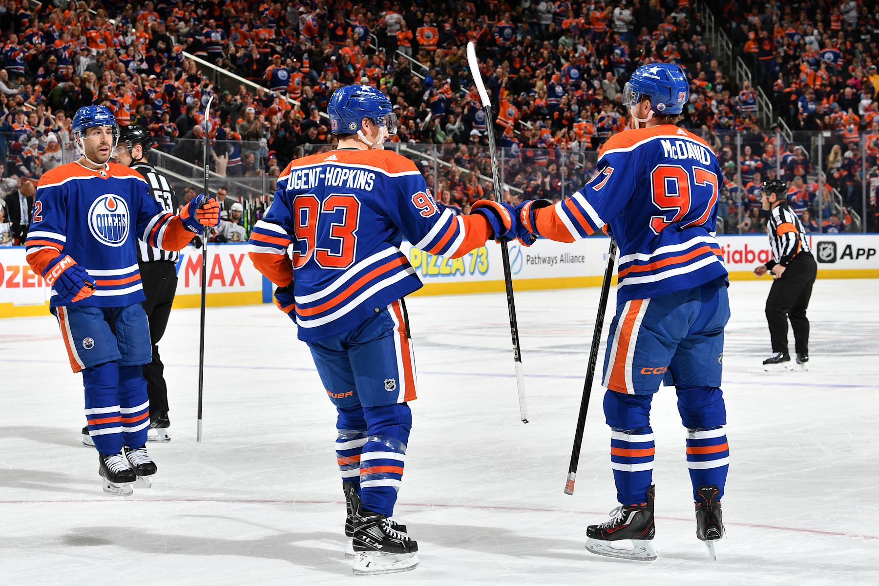Evan Bouchard, Ryan Nugent-Hopkins and Connor McDavid. Evan Bouchard, Ryan Nugent-Hopkins and Connor McDavid.
