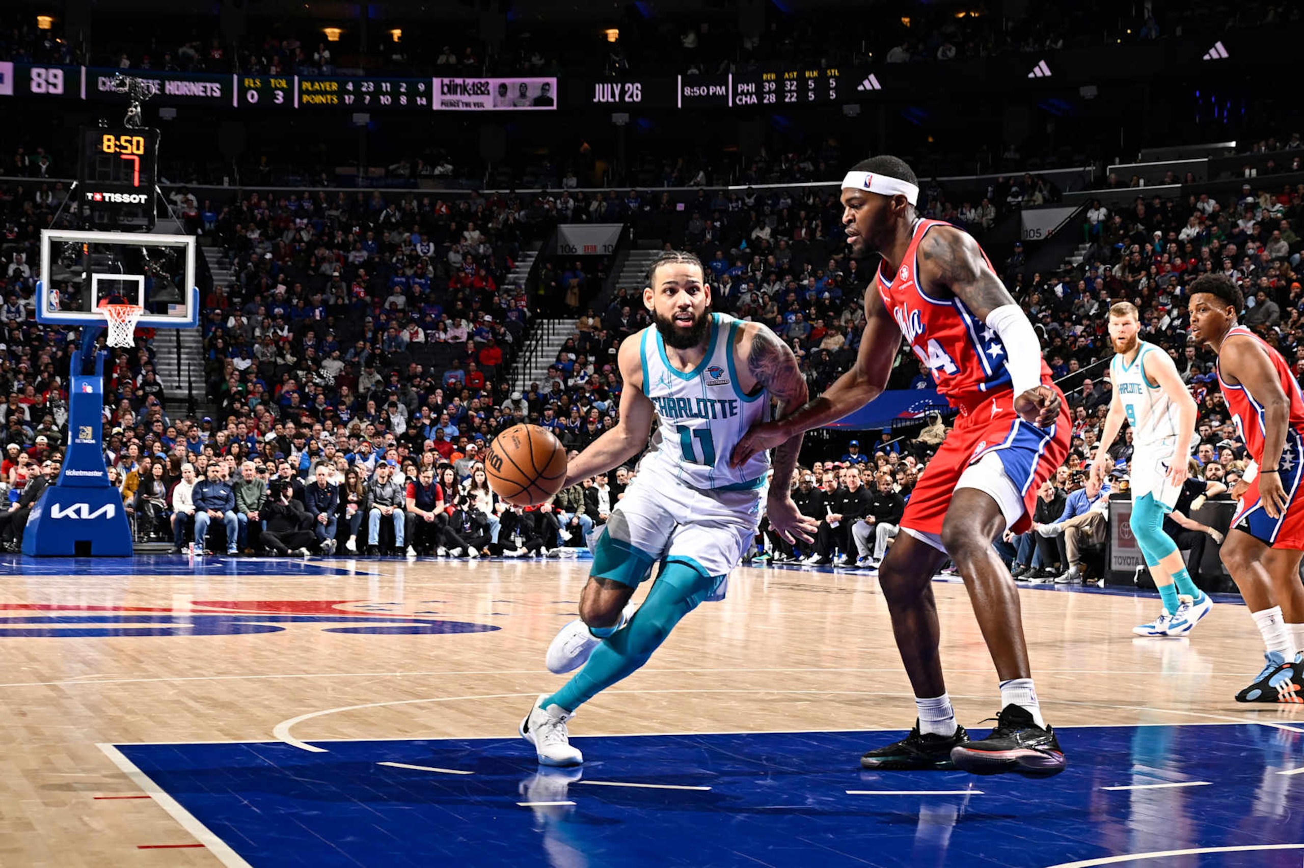 PHILADELPHIA, PA - MARCH 1: Cody Martin #11 of the Charlotte Hornets dribbles the ball during the game against the Philadelphia 76ers on March 1, 2024 at the Wells Fargo Center in Philadelphia, Pennsylvania NOTE TO USER: User expressly acknowledges and agrees that, by downloading and/or using this Photograph, user is consenting to the terms and conditions of the Getty Images License Agreement. Mandatory Copyright Notice: Copyright 2024 NBAE (Photo by David Dow/NBAE via Getty Images)