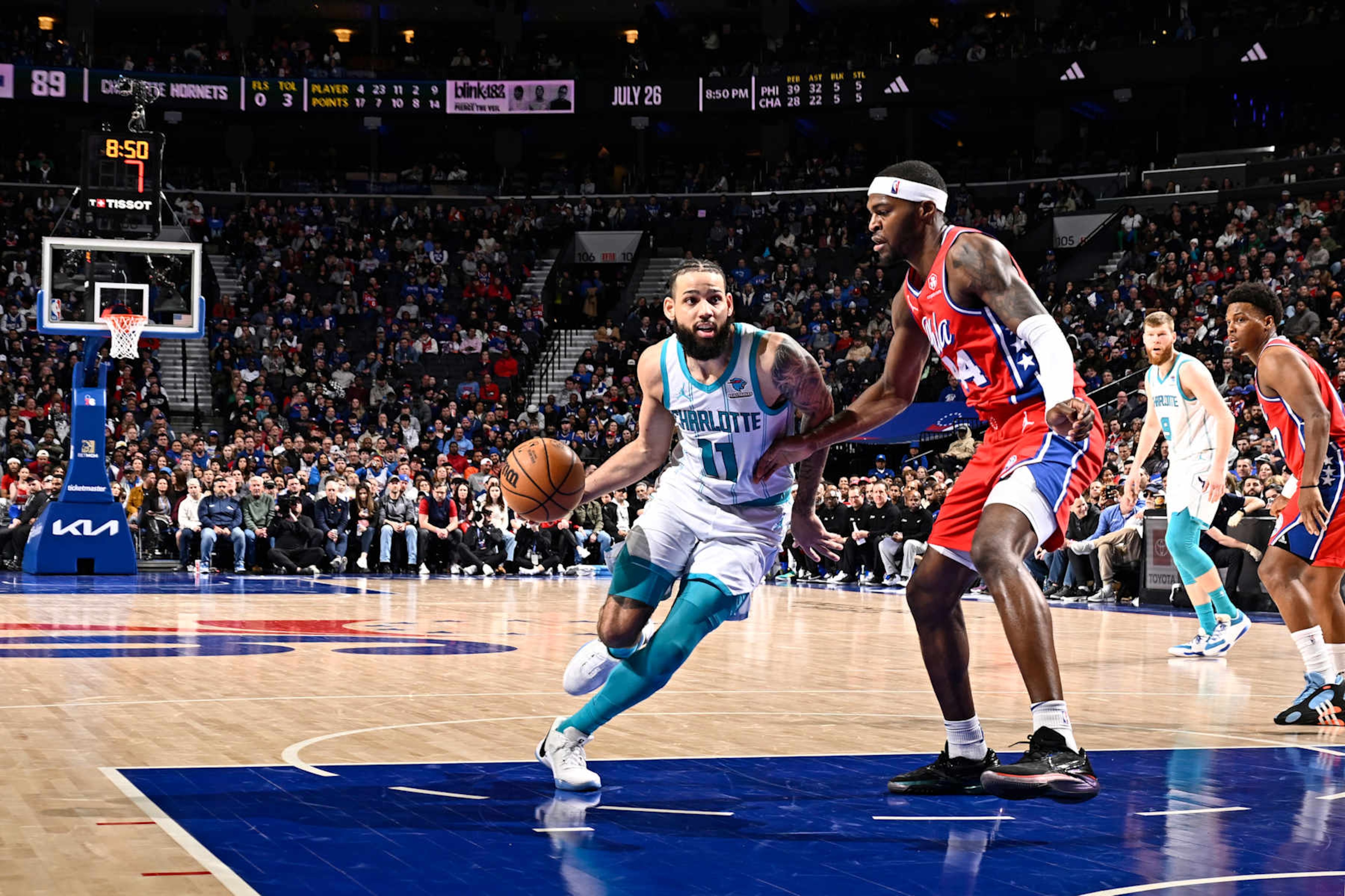 PHILADELPHIA, PA - MARCH 1: Cody Martin #11 of the Charlotte Hornets dribbles the ball during the game against the Philadelphia 76ers on March 1, 2024 at the Wells Fargo Center in Philadelphia, Pennsylvania NOTE TO USER: User expressly acknowledges and agrees that, by downloading and/or using this Photograph, user is consenting to the terms and conditions of the Getty Images License Agreement. Mandatory Copyright Notice: Copyright 2024 NBAE (Photo by David Dow/NBAE via Getty Images)