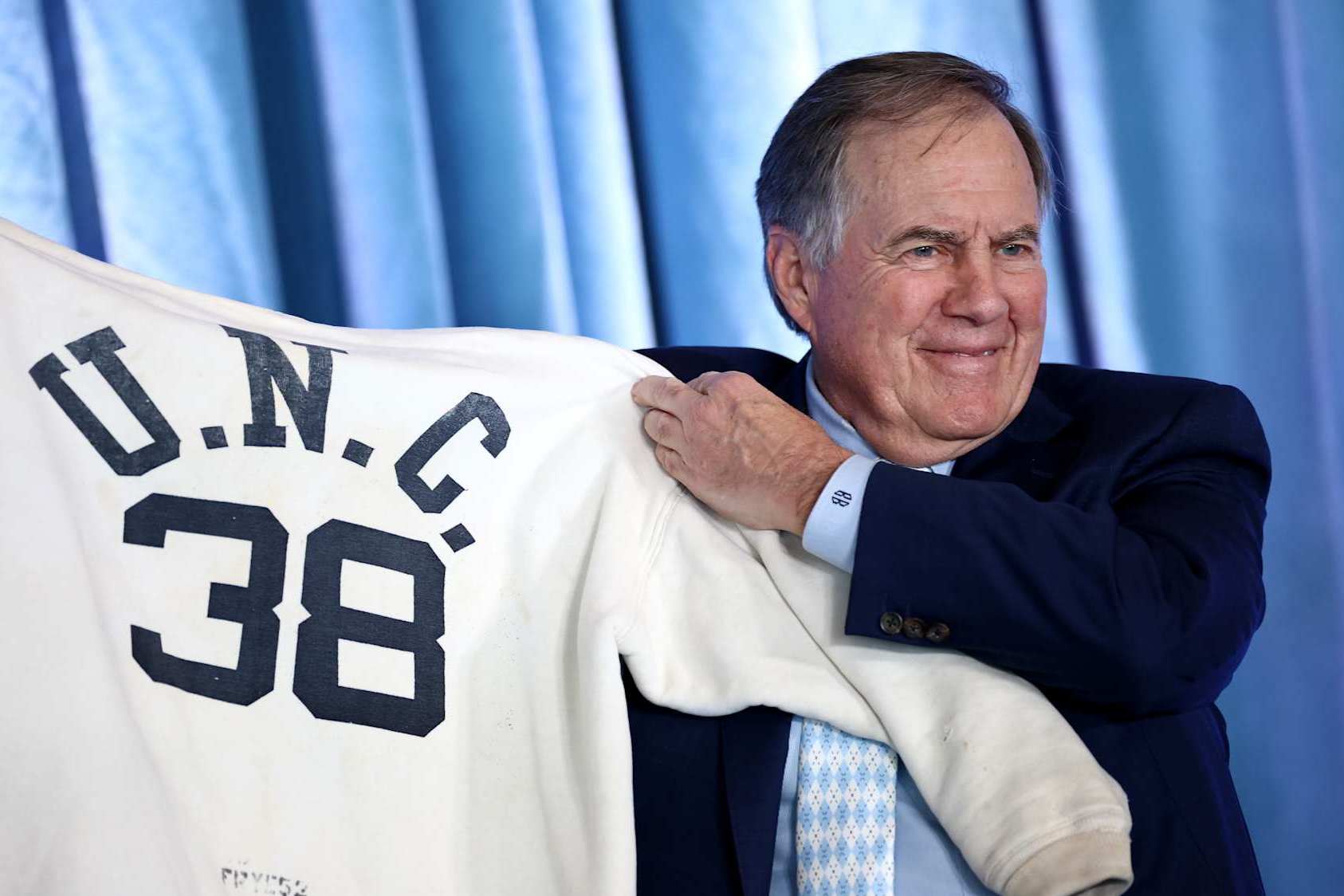 CHAPEL HILL, NORTH CAROLINA - DECEMBER 12: Head Coach Bill Belichick of the North Carolina Tar Heels poses during a press conference on December 12, 2024 in Chapel Hill, North Carolina. (Photo by Jared C. Tilton/Getty Images)