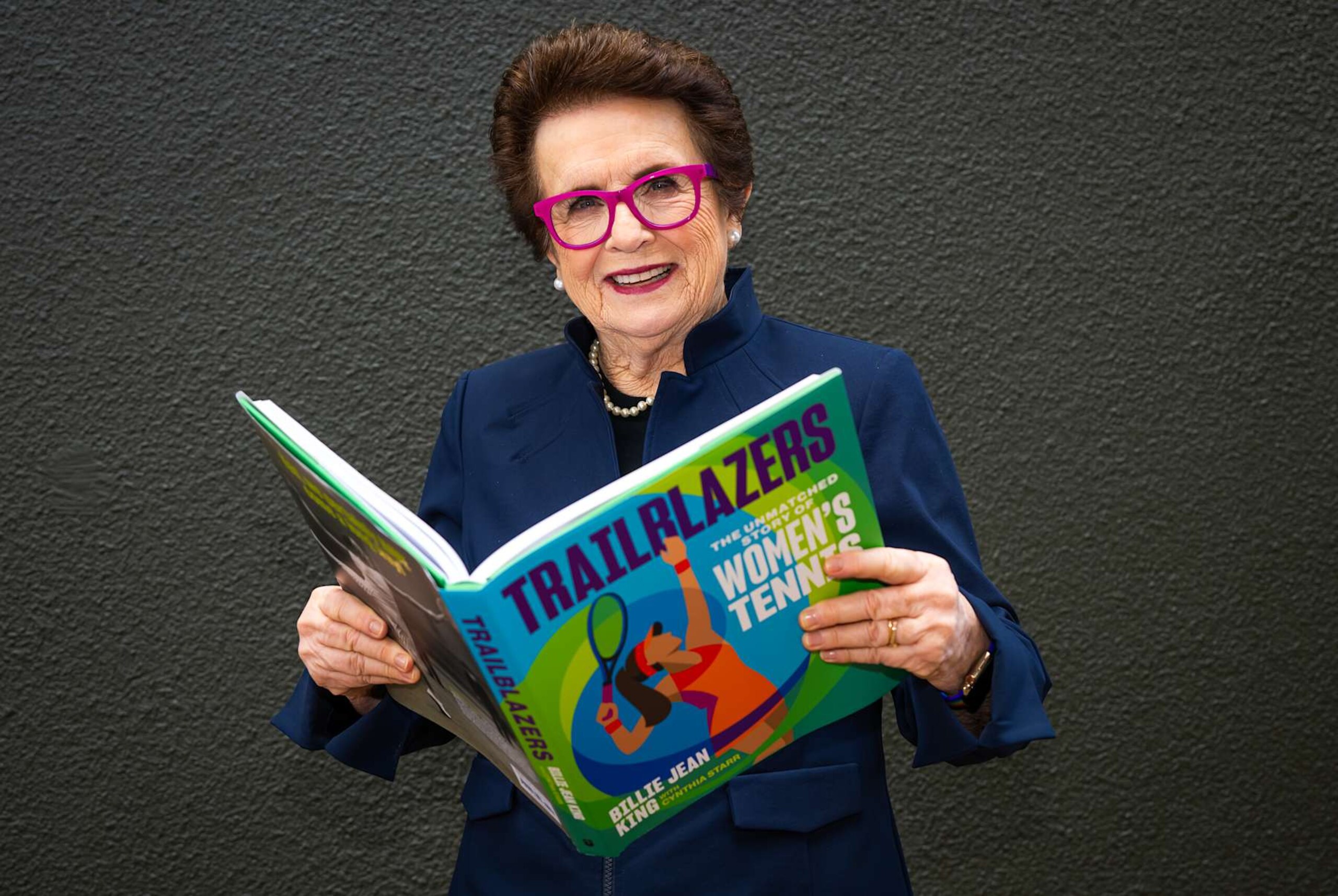 LONDON, ENGLAND - JULY 12: Billie Jean King poses with her book Trailblazers during Day Ten of The Championships Wimbledon 2023 at All England Lawn Tennis and Croquet Club on July 12, 2023 in London, England (Photo by Robert Prange/Getty Images)