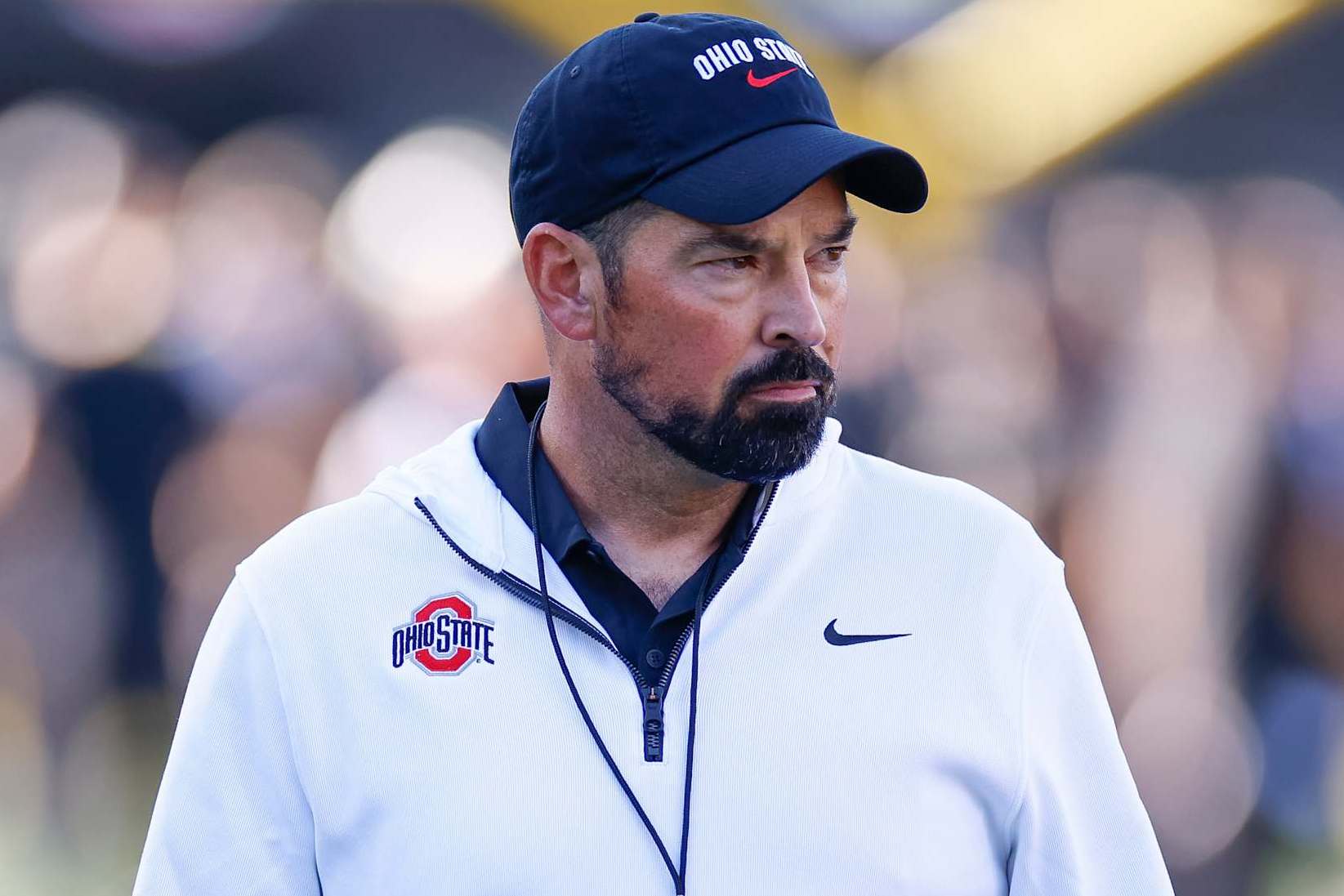 EUGENE, OREGON - OCTOBER 12: Head coach Ryan Day of the Ohio State Buckeyes on the field for warm ups prior to a game against the Oregon Ducks at Autzen Stadium on October 12, 2024 in Eugene, Oregon. (Photo by Brandon Sloter/Image Of Sport/Getty Images)