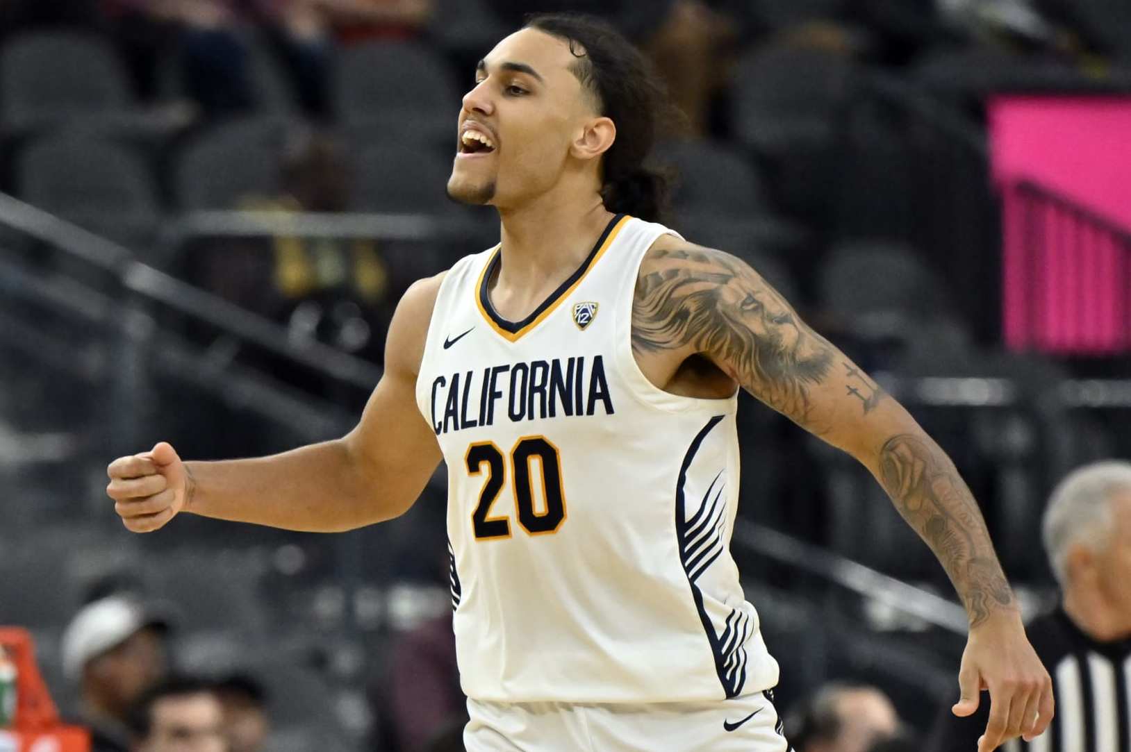 LAS VEGAS, NEVADA - MARCH 13: Jaylon Tyson #20 of the California Golden Bears reacts after a 3-pointer against the Stanford Cardinal during the first half of a first round game in the Pac-12 Conference basketball tournament at T-Mobile Arena on March 13, 2024 in Las Vegas, Nevada.  (Photo by David Becker/Getty Images)