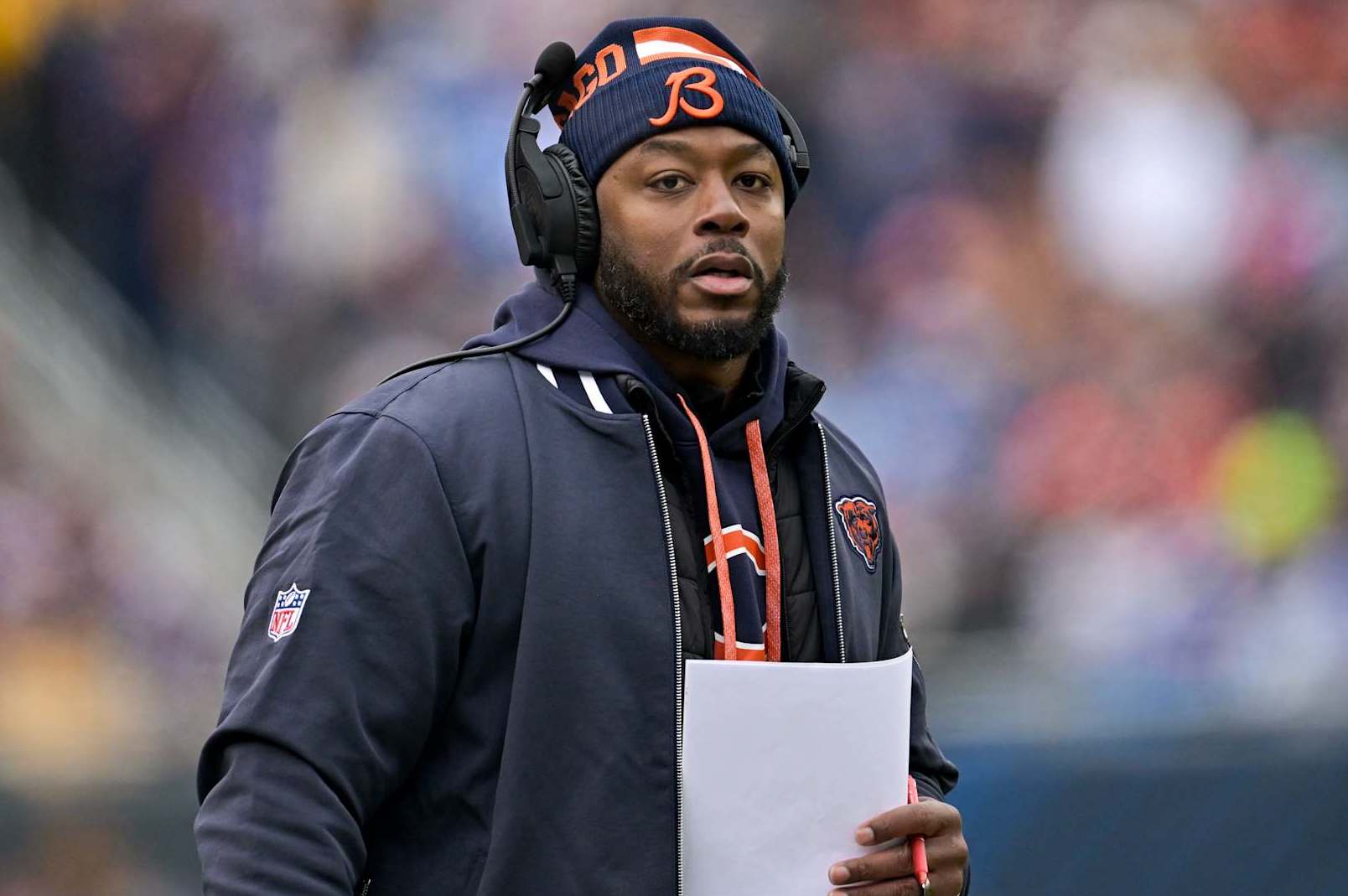 CHICAGO, ILLINOIS - DECEMBER 22: Head coach Thomas Brown of the Chicago Bears looks on during the second quarter against the Detroit Lions at Soldier Field on December 22, 2024 in Chicago, Illinois. (Photo by Quinn Harris/Getty Images)