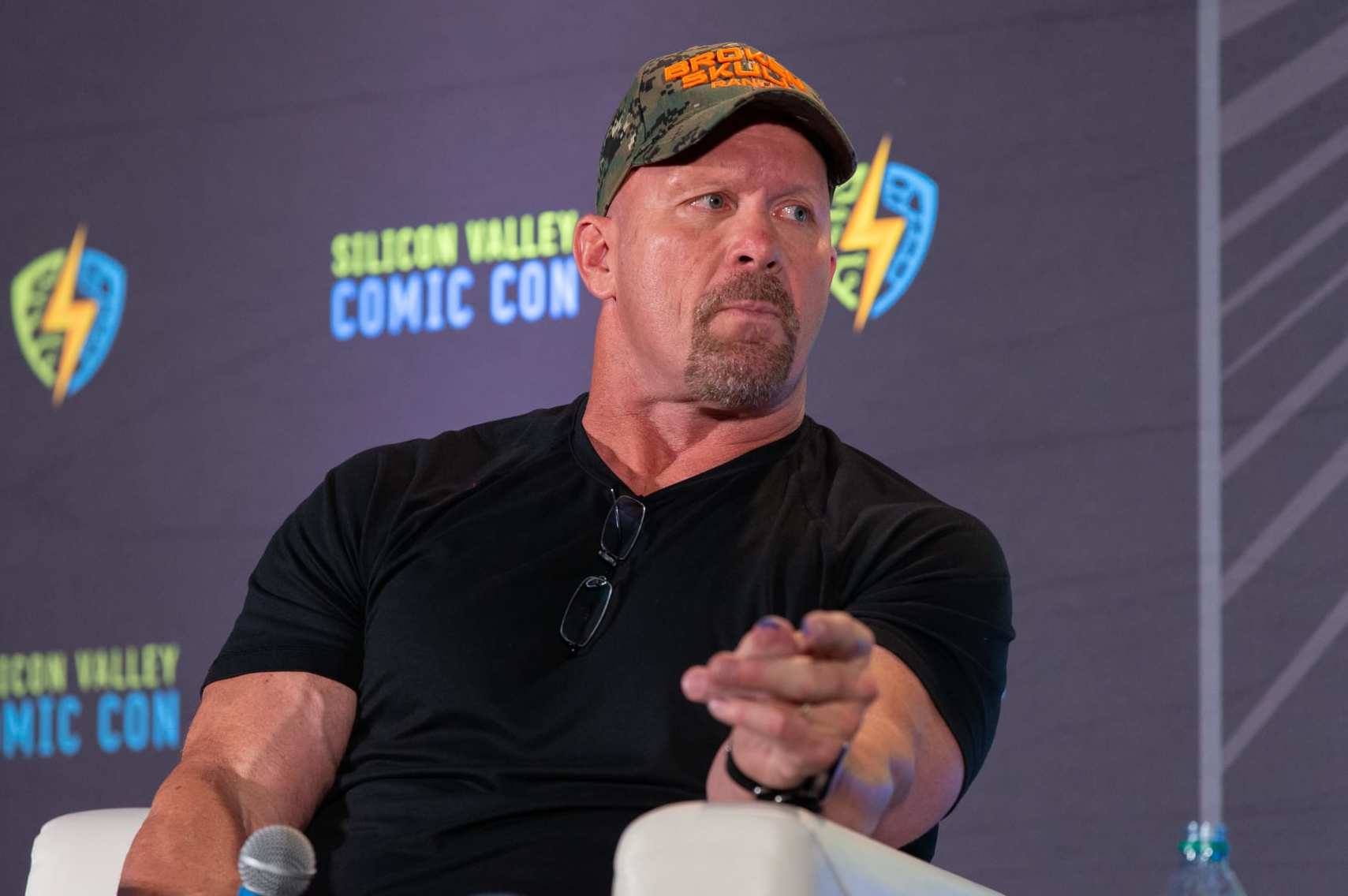 SAN JOSE, CALIFORNIA - AUGUST 17: Actor and WWE personality "Stone Cold" Steve Austin speaks at Silicon Valley Comic Con at the San Jose Convention Center on August 17, 2019 in San Jose, California. (Photo by Bill Watters/Getty Images)