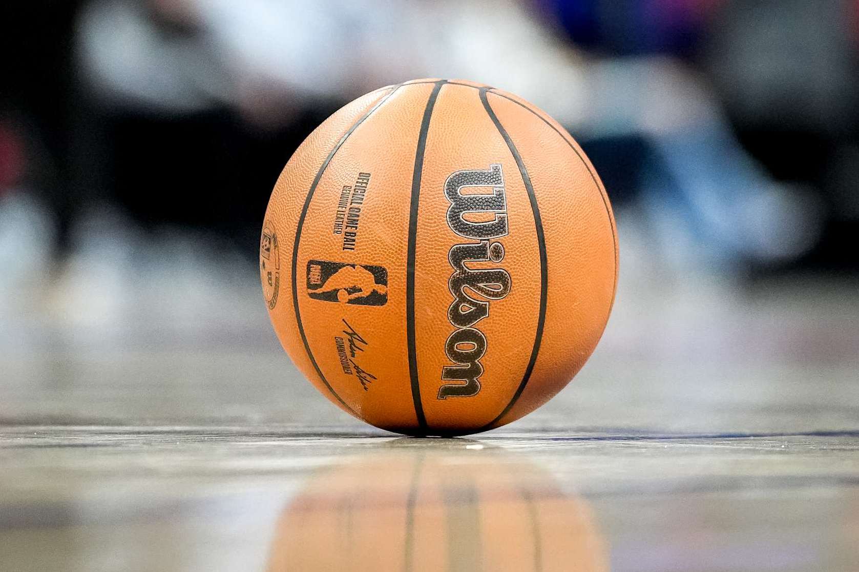 DETROIT, MICHIGAN - OCTOBER 16: A Wilson brand basketball with the NBA logo is pictured on the court during an NBA preseason game between the Detroit Pistons and Cleveland Cavaliers at Little Caesars Arena on October 16, 2024 in Detroit, Michigan. NOTE TO USER: User expressly acknowledges and agrees that, by downloading and or using this photograph, User is consenting to the terms and conditions of the Getty Images License Agreement. (Photo by Nic Antaya/Getty Images)
