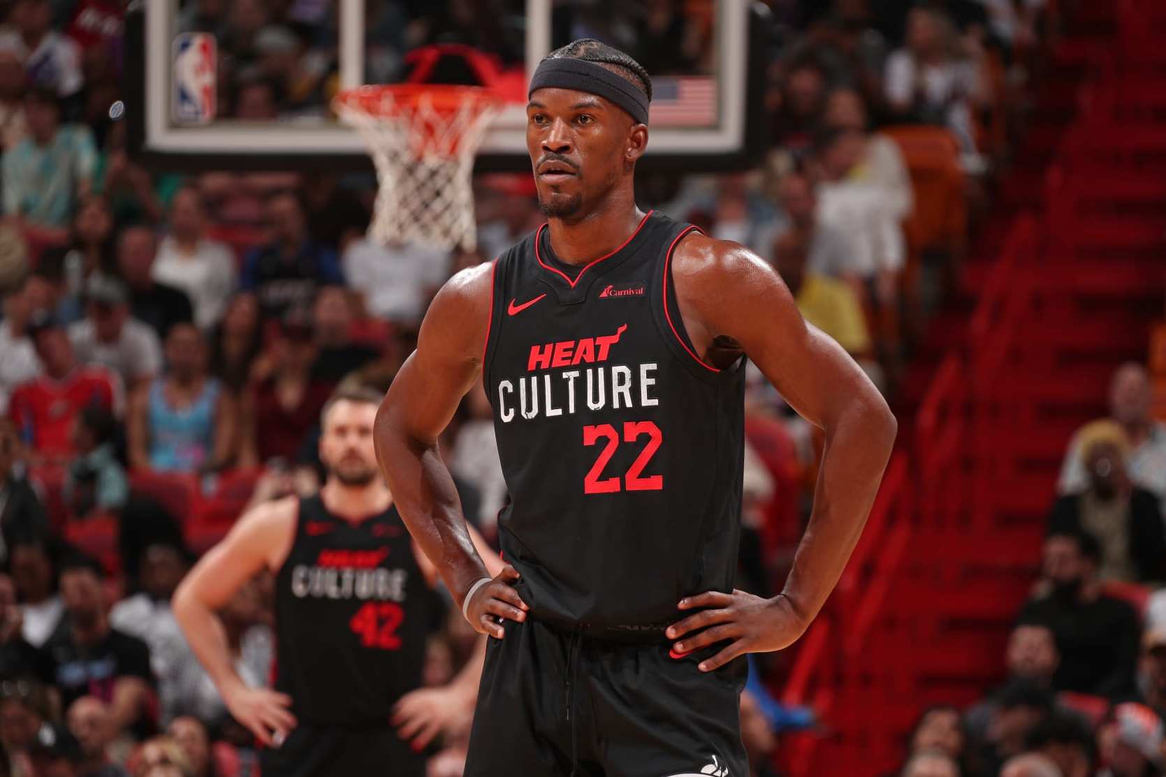 MIAMI, FL - APRIL 4: Jimmy Butler #22 of the Miami Heat looks on during the game against the Philadelphia 76ers on April 4, 2024 at Kaseya Center in Miami, Florida. NOTE TO USER: User expressly acknowledges and agrees that, by downloading and or using this Photograph, user is consenting to the terms and conditions of the Getty Images License Agreement. Mandatory Copyright Notice: Copyright 2024 NBAE (Photo by Issac Baldizon/NBAE via Getty Images)