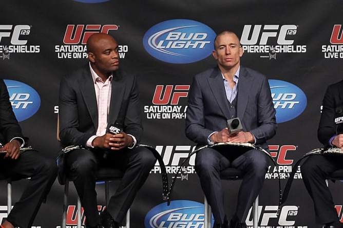 TORONTO, ON - APRIL 29: The seven UFC Champions (L-R) Cain Velasquez,Jon Jones, Anderson Silva, Georges St-Pierre, Frankie Edgar, Jose Aldo, and Dominick Cruz appear for a question and answer session before the weigh in prior to UFC 129 on April 29, 2011 at the Ricoh Coliseum in Toronto, Ontario, Canada. (Photo by Al Bello/Zuffa LLC/Zuffa LLC via Getty Images)
