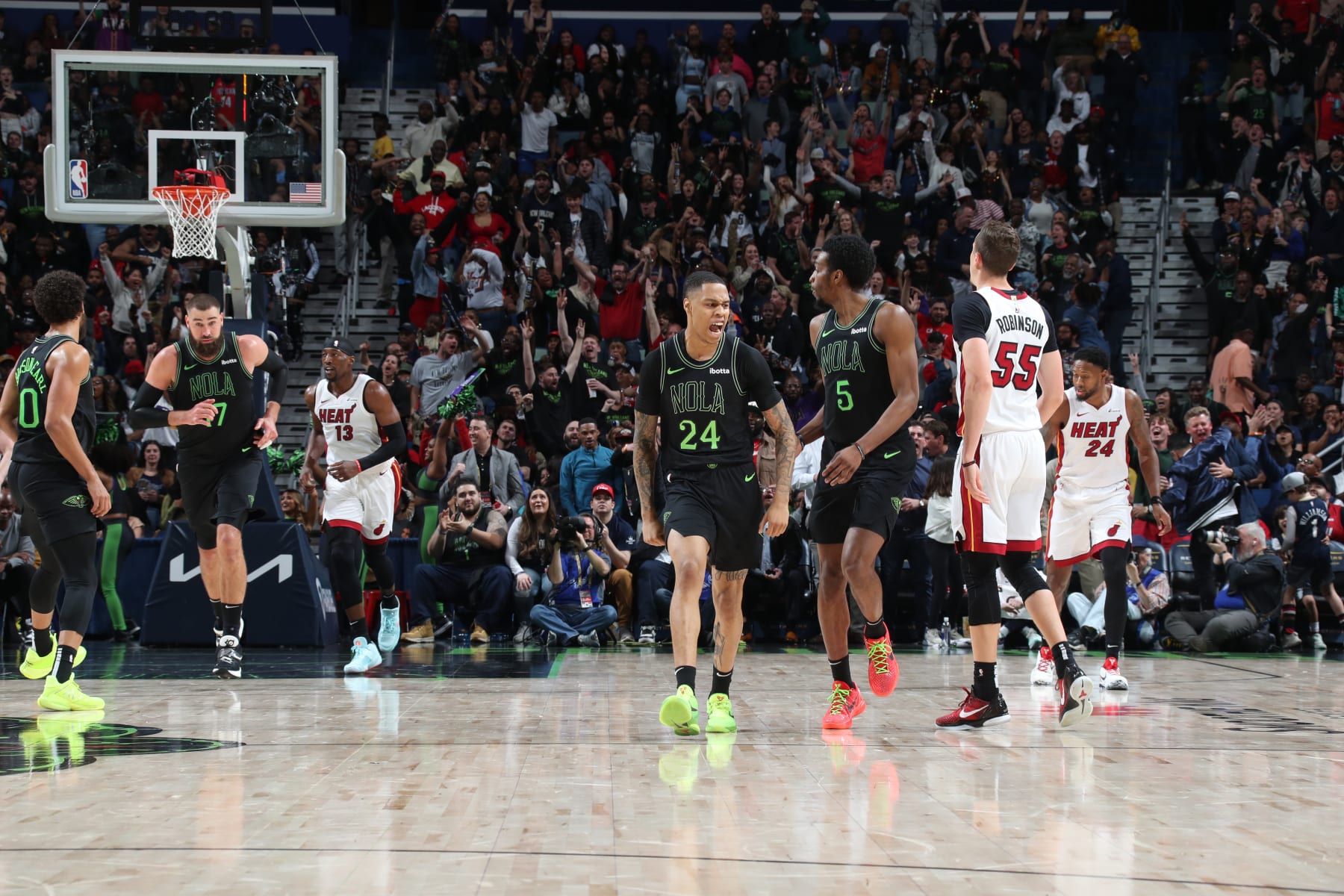 NEW ORLEANS, LA - FEBRUARY 23: Jordan Hawkins #24 of the New Orleans Pelicans celebrates during the game against the Miami Heat on February 23, 2024 at the Smoothie King Center in New Orleans, Louisiana. NOTE TO USER: User expressly acknowledges and agrees that, by downloading and or using this Photograph, user is consenting to the terms and conditions of the Getty Images License Agreement. Mandatory Copyright Notice: Copyright 2024 NBAE (Photo by Layne Murdoch Jr./NBAE via Getty Images)