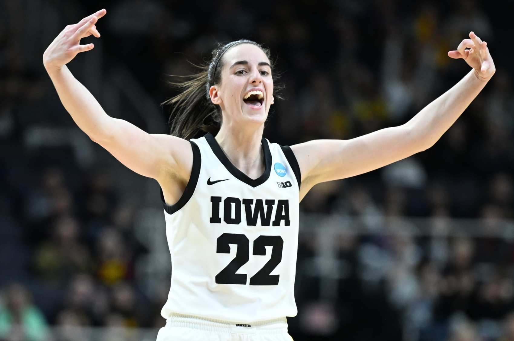 ALBANY, NEW YORK - MARCH 30: Caitlin Clark #22 of the Iowa Hawkeyes reacts after a three pointer against the Colorado Buffaloes during the Sweet Sixteen round of the 2024 NCAA Women's Basketball Tournament held at MVP Arena on March 30, 2024 in Albany, New York. (Photo by Greg Fiume/NCAA Photos via Getty Images)