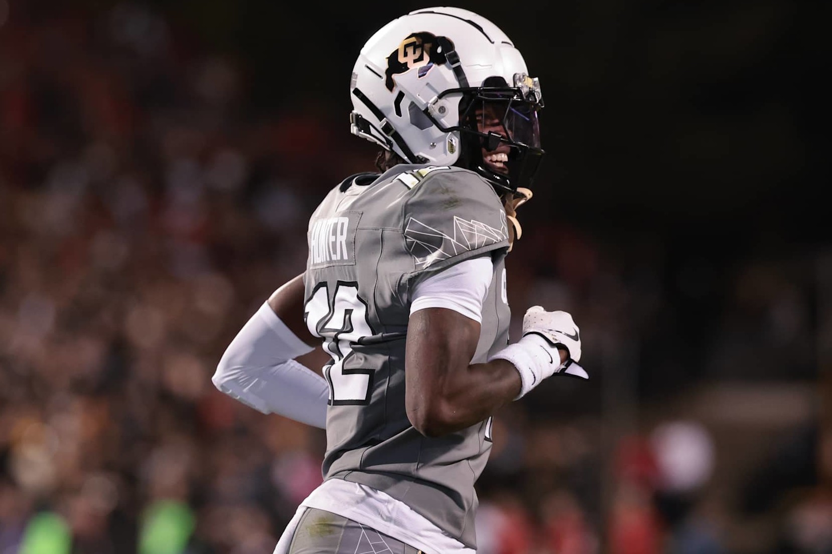 BOULDER, COLORADO - OCTOBER 26: Travis Hunter #12 of the Colorado Buffaloes reacts during the first quarter against the Cincinnati Bearcats at Folsom Field on October 26, 2024 in Boulder, Colorado. (Photo by Andrew Wevers/Getty Images)