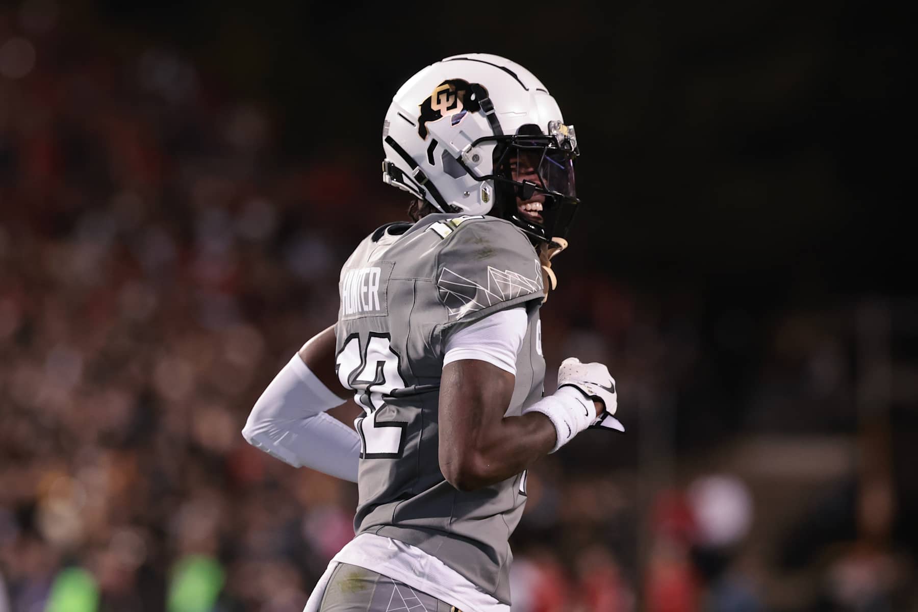 BOULDER, COLORADO - OCTOBER 26: Travis Hunter #12 of the Colorado Buffaloes reacts during the first quarter against the Cincinnati Bearcats at Folsom Field on October 26, 2024 in Boulder, Colorado. (Photo by Andrew Wevers/Getty Images)