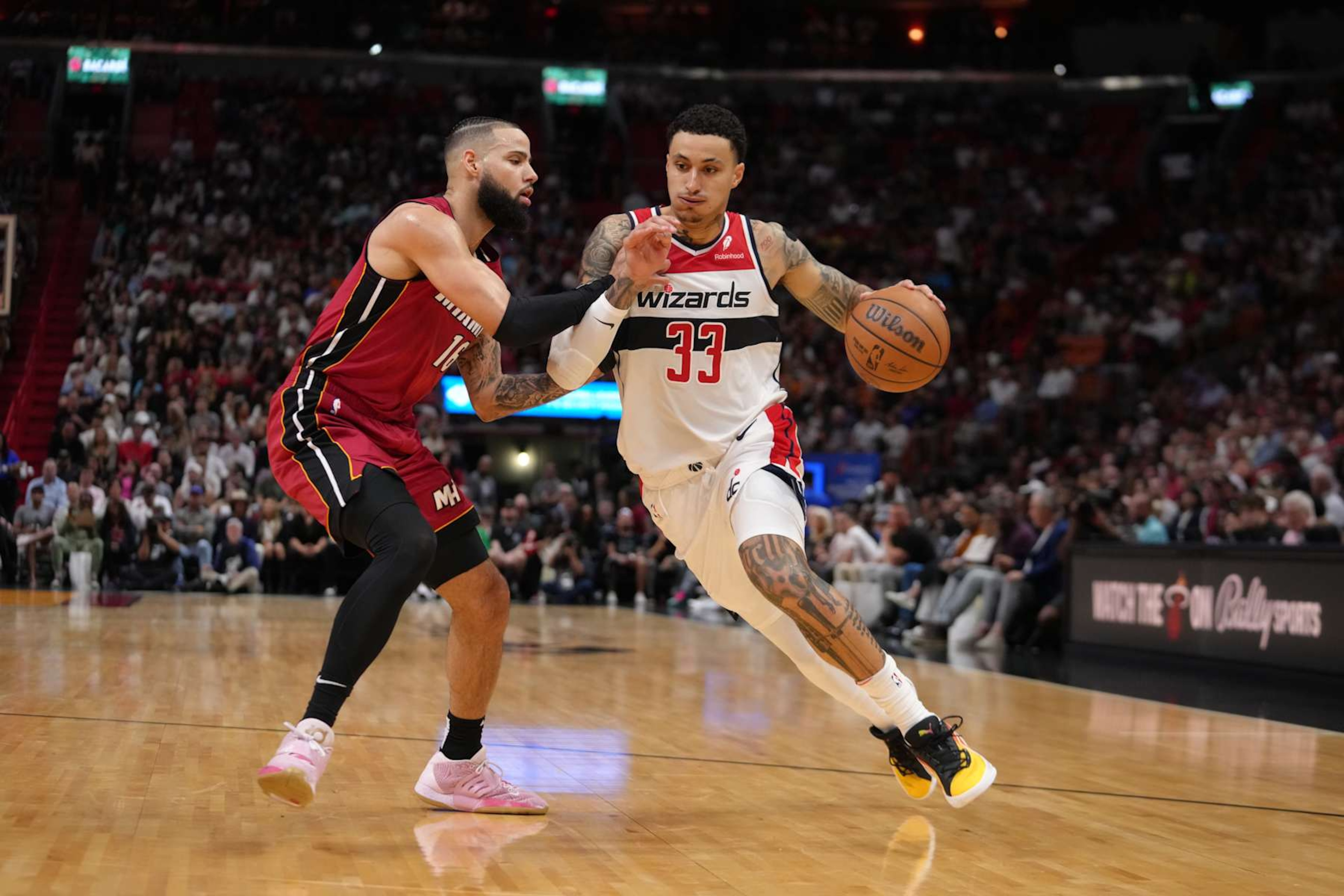 MIAMI, FL - MARCH 10: Kyle Kuzma #33 of the Washington Wizards handles the ball during the game against the Miami Heat on March 10, 2024 at Kaseya Center in Miami, Florida. NOTE TO USER: User expressly acknowledges and agrees that, by downloading and or using this Photograph, user is consenting to the terms and conditions of the Getty Images License Agreement. Mandatory Copyright Notice: Copyright 2024 NBAE (Photo by Eric Espada/NBAE via Getty Images) MIAMI, FL - MARCH 10: Kyle Kuzma #33 of the Washington Wizards handles the ball during the game against the Miami Heat on March 10, 2024 at Kaseya Center in Miami, Florida. NOTE TO USER: User expressly acknowledges and agrees that, by downloading and or using this Photograph, user is consenting to the terms and conditions of the Getty Images License Agreement. Mandatory Copyright Notice: Copyright 2024 NBAE (Photo by Eric Espada/NBAE via Getty Images)