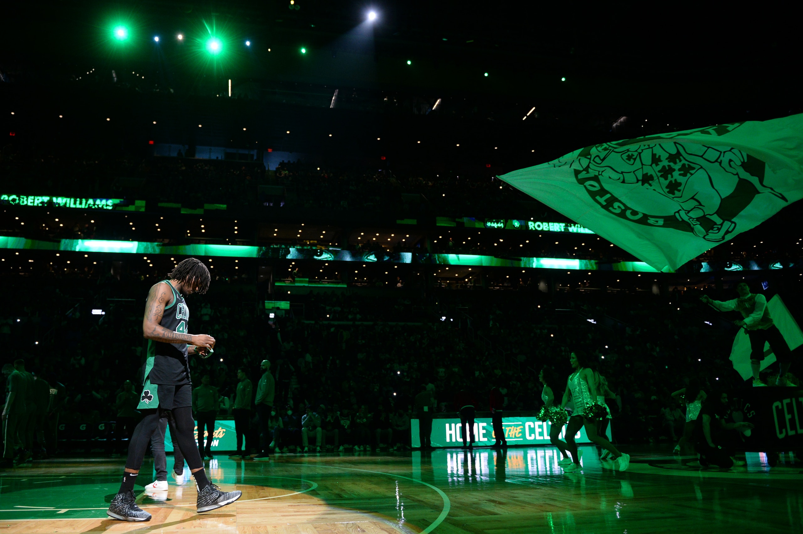 BOSTON, MA- MARCH 27: Robert Williams III #44 of the Boston Celtics walks onto the court prior to the start of the game against the Minnesota Timberwolves at TD Garden on March 27, 2022 in Boston, Massachusetts. NOTE TO USER: User expressly acknowledges and agrees that, by downloading and or using this photograph, User is consenting to the terms and conditions of the Getty Images License Agreement. (Photo by Kathryn Riley/ Getty Images)