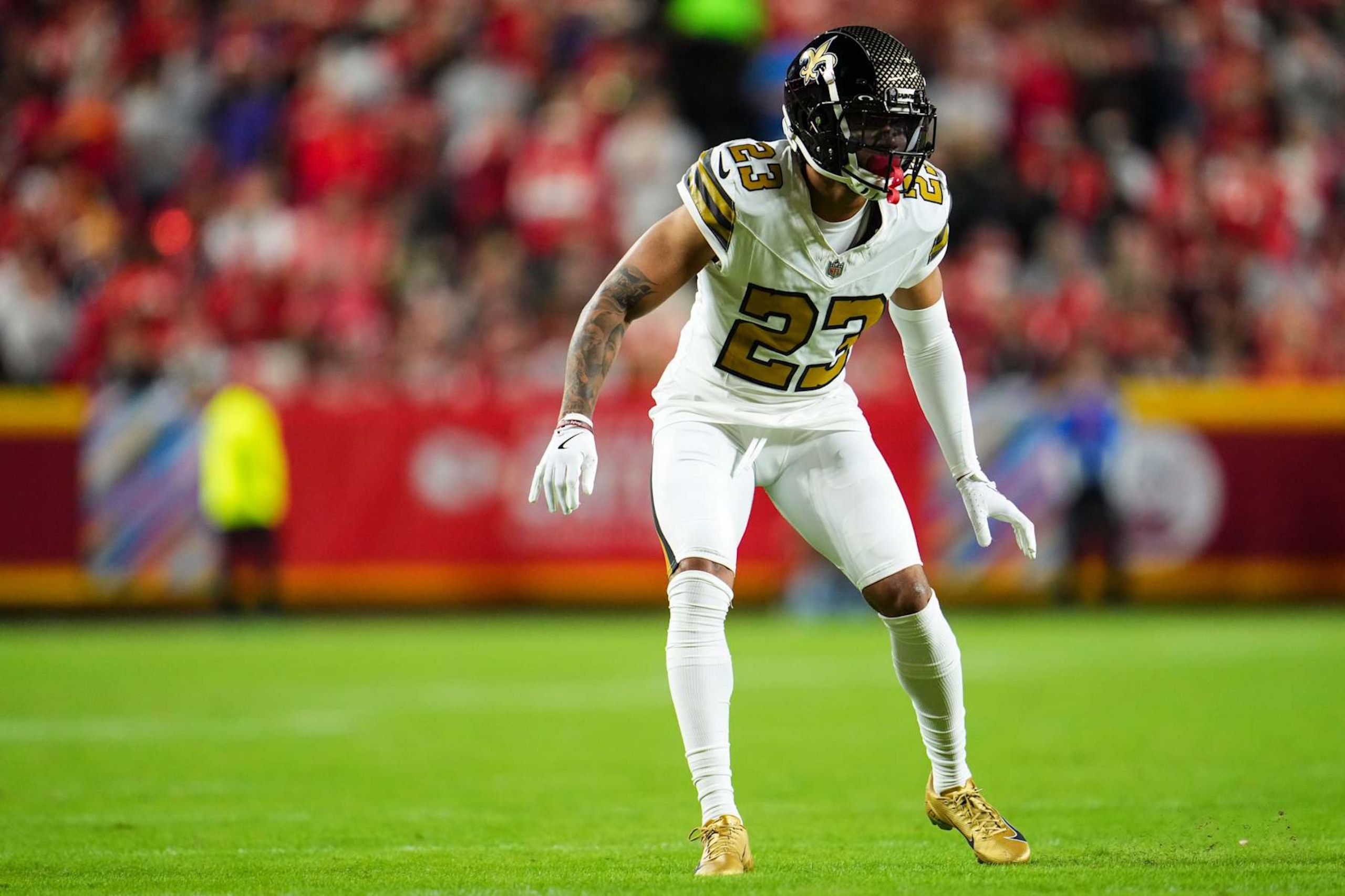 KANSAS CITY, MO - OCTOBER 07: Marshon Lattimore #23 of the New Orleans Saints defends in coverage during an NFL football game against the Kansas City Chiefs at GEHA Field at Arrowhead Stadium on October 7, 2024 in Kansas City, Missouri. (Photo by Cooper Neill/Getty Images) KANSAS CITY, MO - OCTOBER 07: Marshon Lattimore #23 of the New Orleans Saints defends in coverage during an NFL football game against the Kansas City Chiefs at GEHA Field at Arrowhead Stadium on October 7, 2024 in Kansas City, Missouri. (Photo by Cooper Neill/Getty Images)