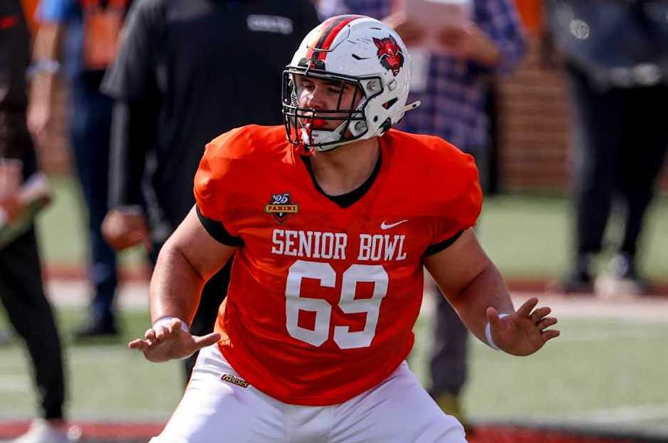 MOBILE, ALABAMA - JANUARY 29: Jacob Bayer #69 of Arkansas State during Senior Bowl practice at Hancock Whitney Stadium on January 29, 2025 in Mobile, Alabama. (Photo by Derick E. Hingle/Getty Images)