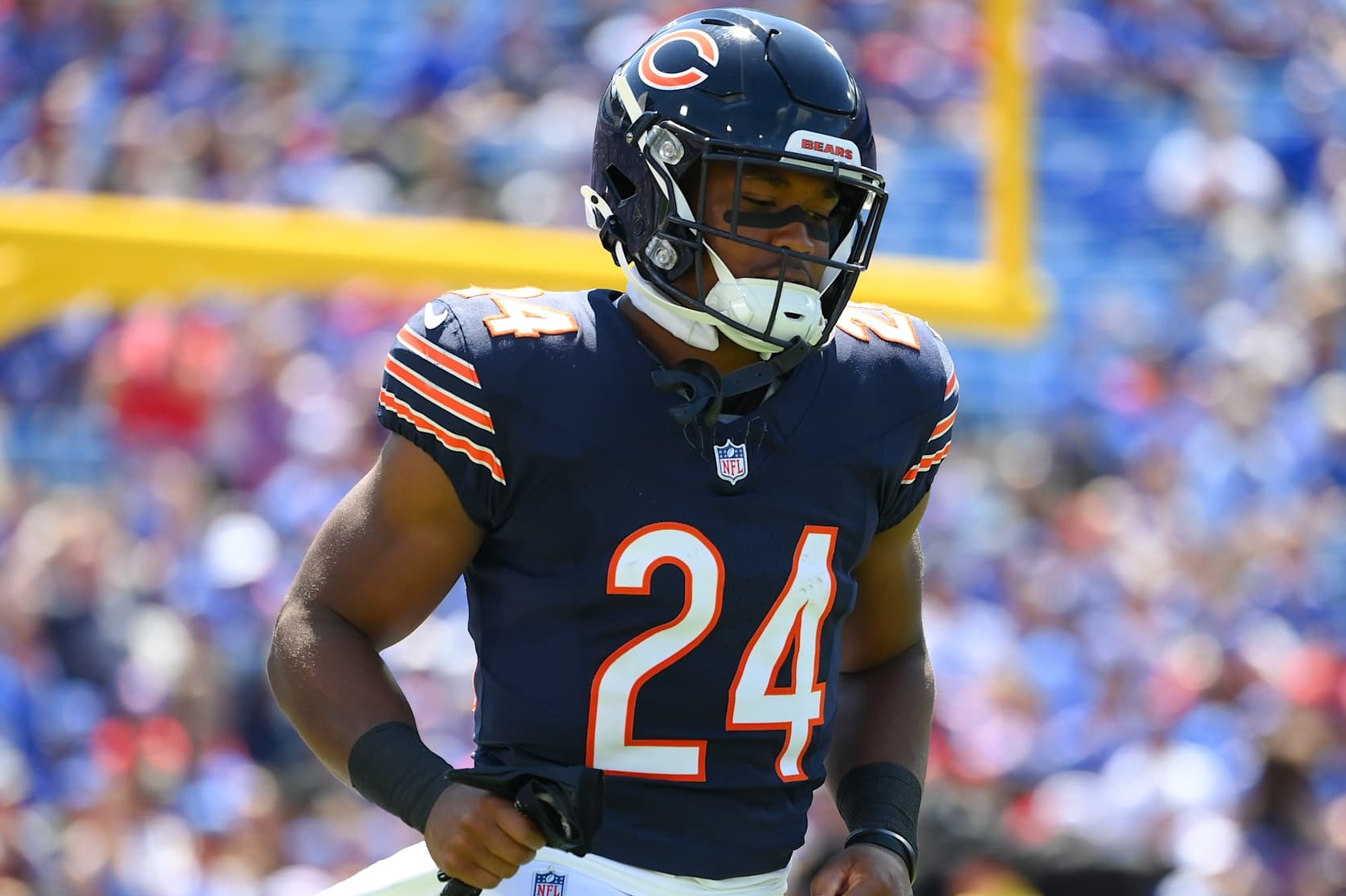 ORCHARD PARK, NEW YORK - AUGUST 10: Khalil Herbert #24 of the Chicago Bears jogs on the field prior to a preseason game against the Buffalo Bills at Highmark Stadium on August 10, 2024 in Orchard Park, New York. The Bears won 33-6. (Photo by Rich Barnes/Getty Images)
