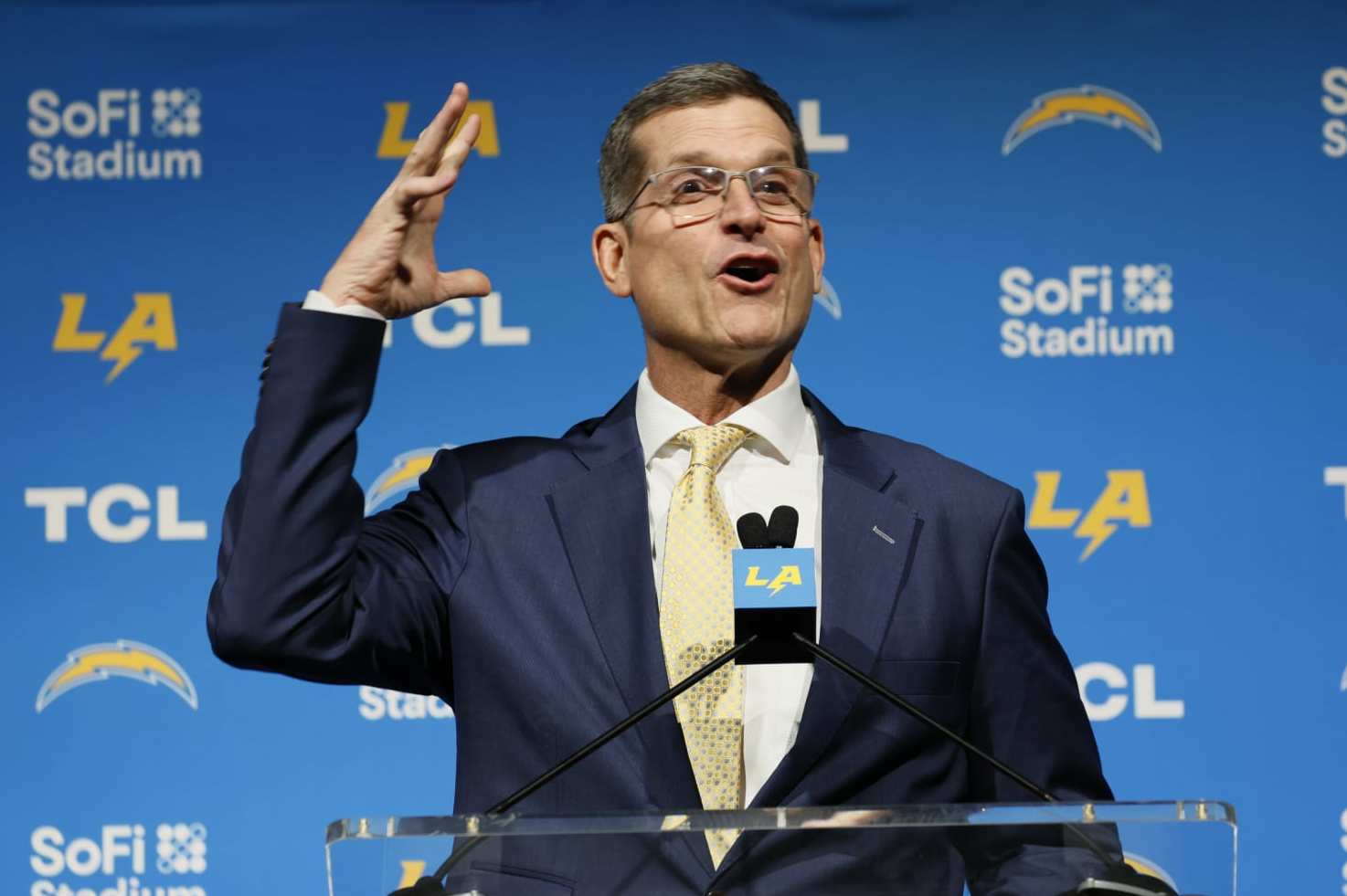 INGLEWOOD, CA - FEBRUARY 01: New Los Angeles Chargers Head Coach Jim Harbaugh speaks during his introductory press conference at YouTube Theater in Inglewood Thursday, Feb. 1, 2024. (Allen J. Schaben / Los Angeles Times via Getty Images)