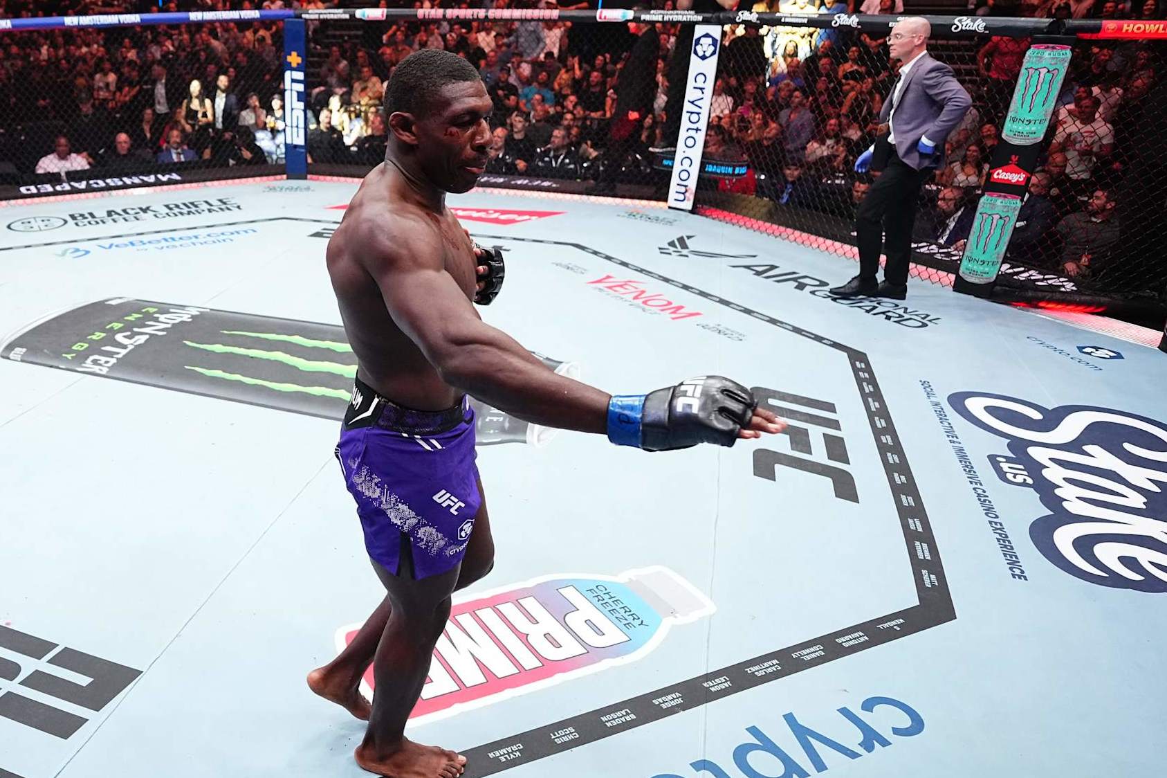 SALT LAKE CITY, UTAH - OCTOBER 05: Joaquin Buckley reacts after his knockout victory against Stephen Thompson in a welterweight fight during the UFC 307 event at Delta Center on October 05, 2024 in Salt Lake City, Utah. (Photo by Jeff Bottari/Zuffa LLC)