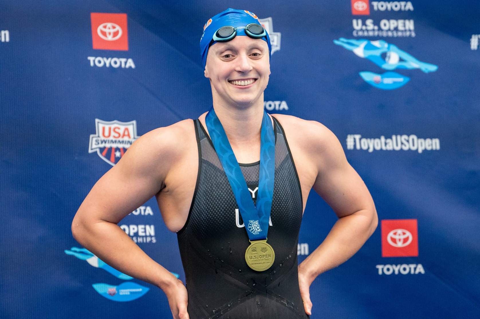 GREENSBORO, NORTH CAROLINA - DECEMBER 02: Katie Ledecky looks on after winning the Women's 1500 Meter Freestyle Final on day 4 of the Toyota US Open on December 02, 2023 at the Greensboro Aquatic Center in Greensboro, North Carolina. (Photo by Jacob Kupferman/Getty Images)