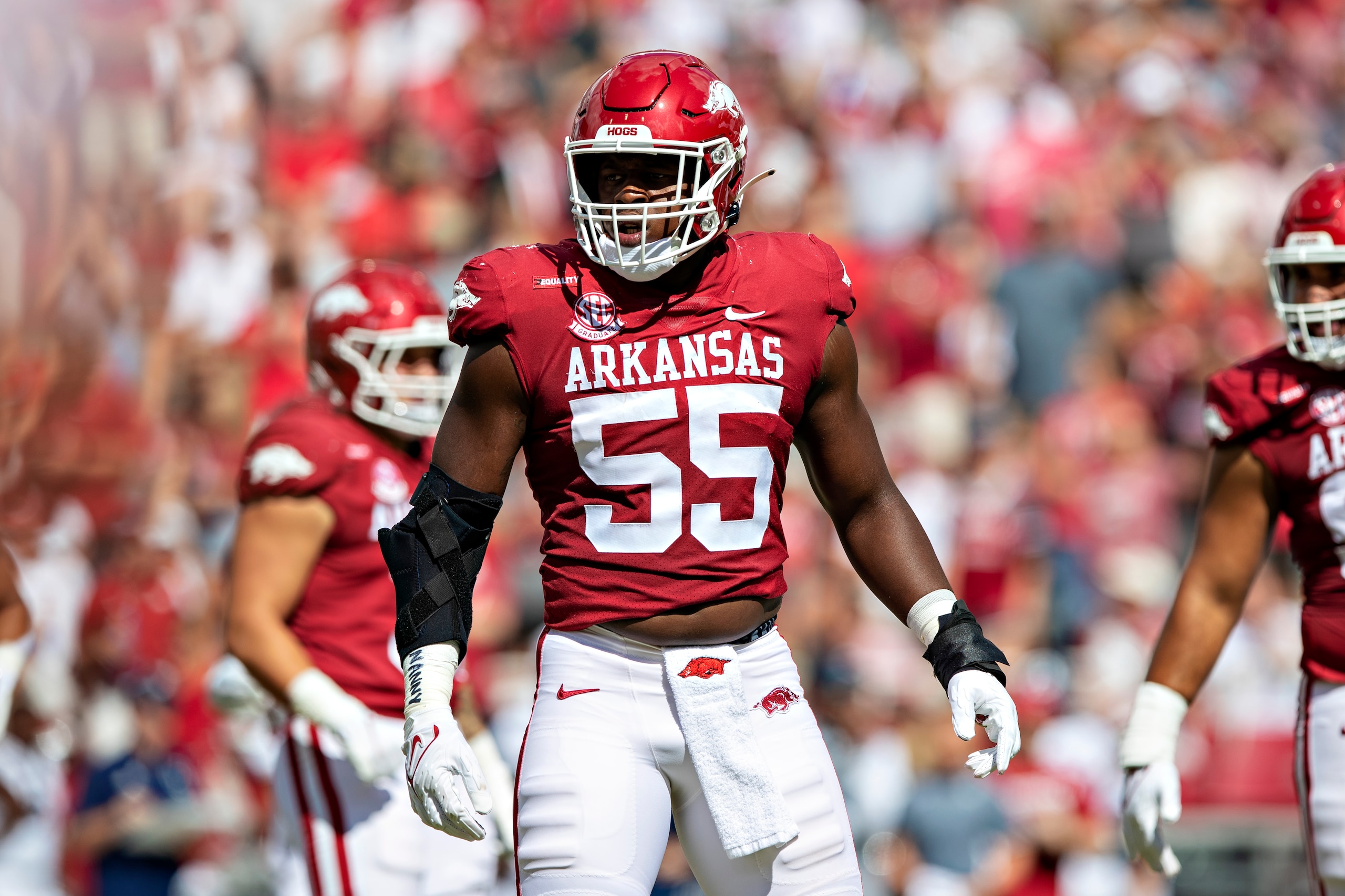 FAYETTEVILLE, AR - SEPTEMBER 18: Tre Williams #55 of the Arkansas Razorbacks looks to the sidelines during a game against the Georgia Southern Eagles at Donald W. Reynolds Stadium on September 18, 2021 in Fayetteville, Arkansas. The Razorbacks defeated the Eagles 45-10. (Photo by Wesley Hitt/Getty Images) FAYETTEVILLE, AR - SEPTEMBER 18: Tre Williams #55 of the Arkansas Razorbacks looks to the sidelines during a game against the Georgia Southern Eagles at Donald W. Reynolds Stadium on September 18, 2021 in Fayetteville, Arkansas. The Razorbacks defeated the Eagles 45-10. (Photo by Wesley Hitt/Getty Images)