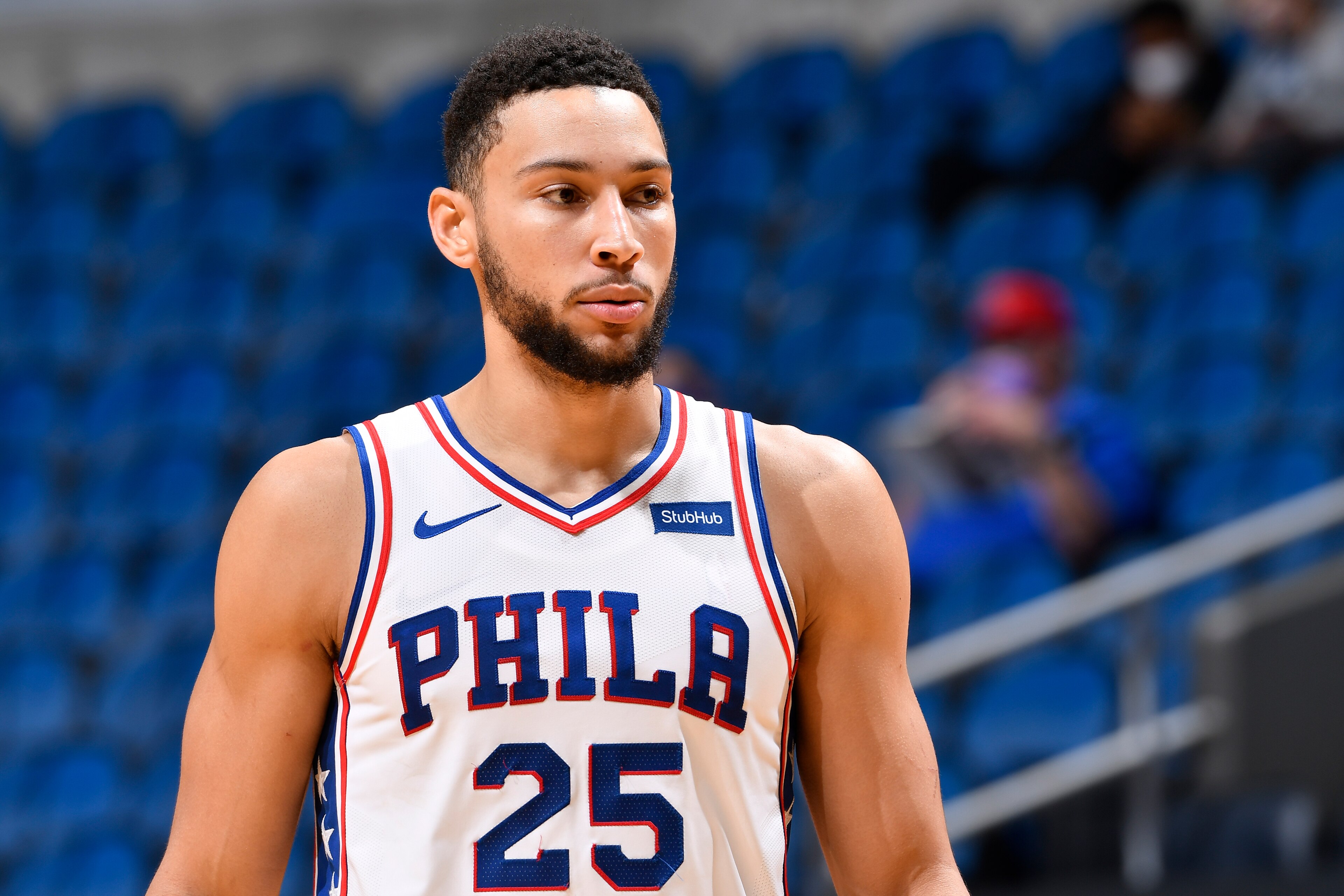 ORLANDO, FL - DECEMBER 31: Ben Simmons #25 of the Philadelphia 76ers looks on during the game against the Orlando Magic on December 31, 2020 at Amway Center in Orlando, Florida. NOTE TO USER: User expressly acknowledges and agrees that, by downloading and or using this photograph, User is consenting to the terms and conditions of the Getty Images License Agreement. Mandatory Copyright Notice: Copyright 2020 NBAE (Photo by Fernando Medina/NBAE via Getty Images) ORLANDO, FL - DECEMBER 31: Ben Simmons #25 of the Philadelphia 76ers looks on during the game against the Orlando Magic on December 31, 2020 at Amway Center in Orlando, Florida. NOTE TO USER: User expressly acknowledges and agrees that, by downloading and or using this photograph, User is consenting to the terms and conditions of the Getty Images License Agreement. Mandatory Copyright Notice: Copyright 2020 NBAE (Photo by Fernando Medina/NBAE via Getty Images)