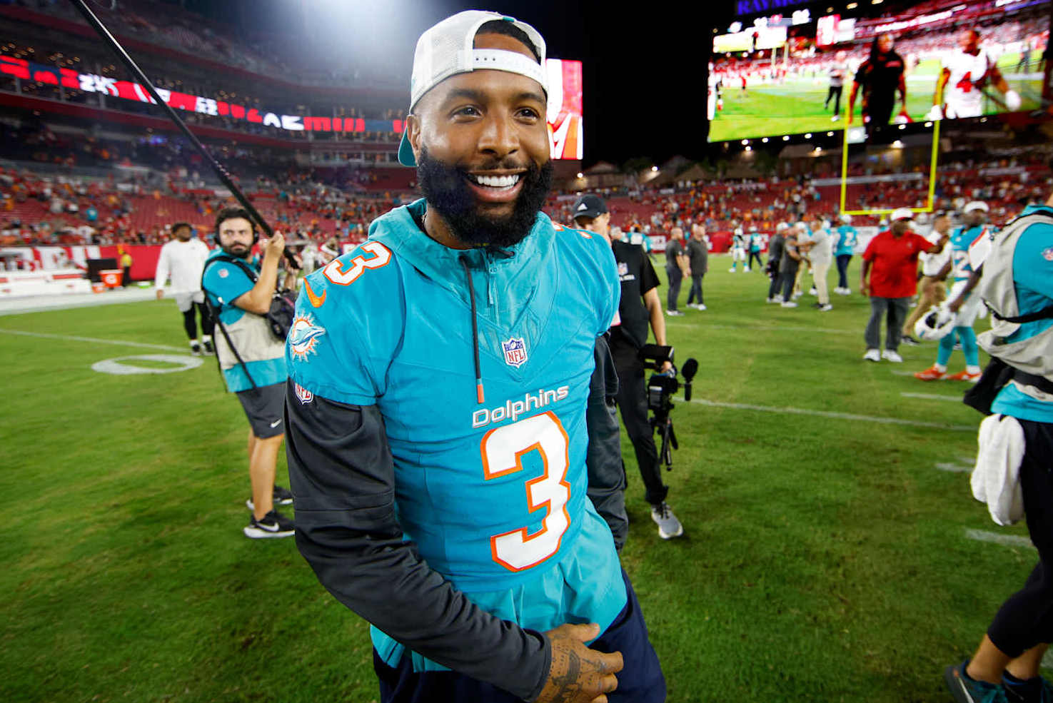 TAMPA, FLORIDA - AUGUST 23:  Odell Beckham Jr. #3 of the Miami Dolphins walks off the field during a preseason game against the Tampa Bay Buccaneers at Raymond James Stadium on August 23, 2024 in Tampa, Florida. (Photo by Mike Ehrmann/Getty Images)