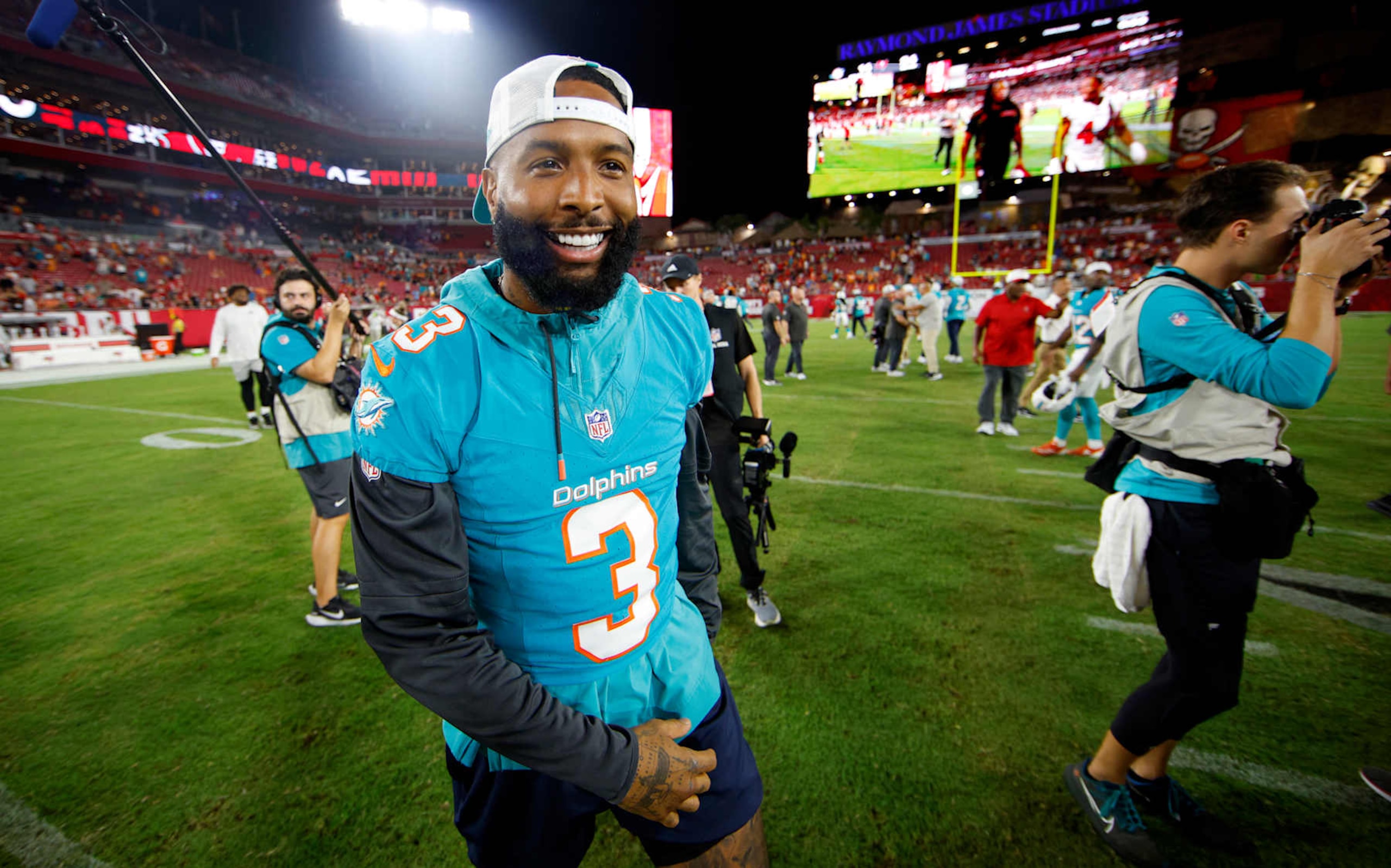 TAMPA, FLORIDA - AUGUST 23:  Odell Beckham Jr. #3 of the Miami Dolphins walks off the field during a preseason game against the Tampa Bay Buccaneers at Raymond James Stadium on August 23, 2024 in Tampa, Florida. (Photo by Mike Ehrmann/Getty Images)