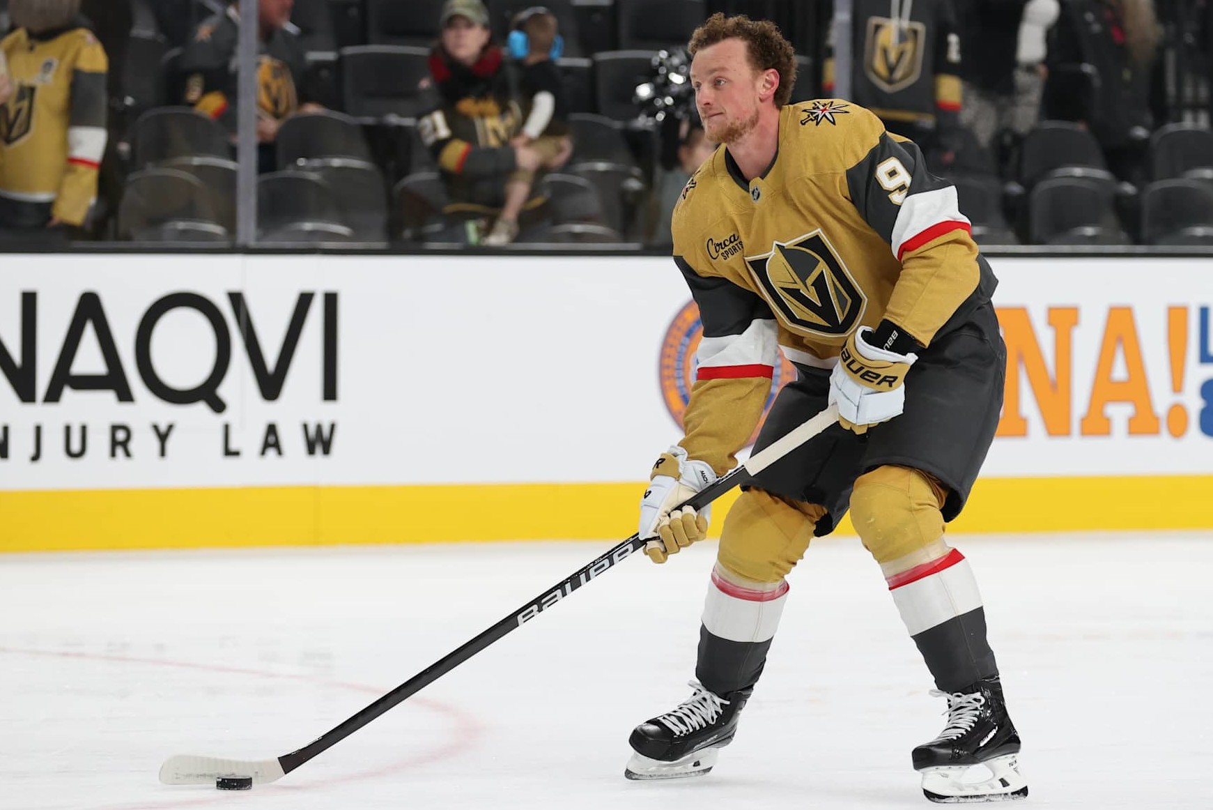 LAS VEGAS, NEVADA - DECEMBER 06: Jack Eichel #9 of the Vegas Golden Knights warms up prior to a game against the Dallas Stars at T-Mobile Arena on December 06, 2024 in Las Vegas, Nevada. (Photo by Zak Krill/NHLI via Getty Images)