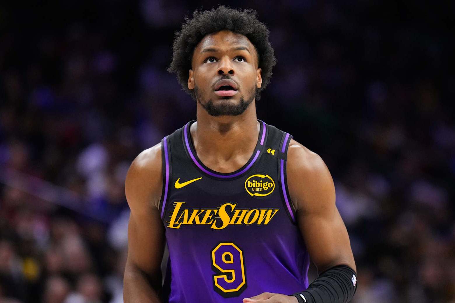 PHILADELPHIA, PA - JANUARY 28:  Bronny James #9 of the Los Angeles Lakers looks on during the game against the Philadelphia 76ers on January 28, 2025 at the Wells Fargo Center in Philadelphia, Pennsylvania NOTE TO USER: User expressly acknowledges and agrees that, by downloading and/or using this Photograph, user is consenting to the terms and conditions of the Getty Images License Agreement. Mandatory Copyright Notice: Copyright 2025 NBAE (Photo by Jesse D. Garrabrant/NBAE via Getty Images)