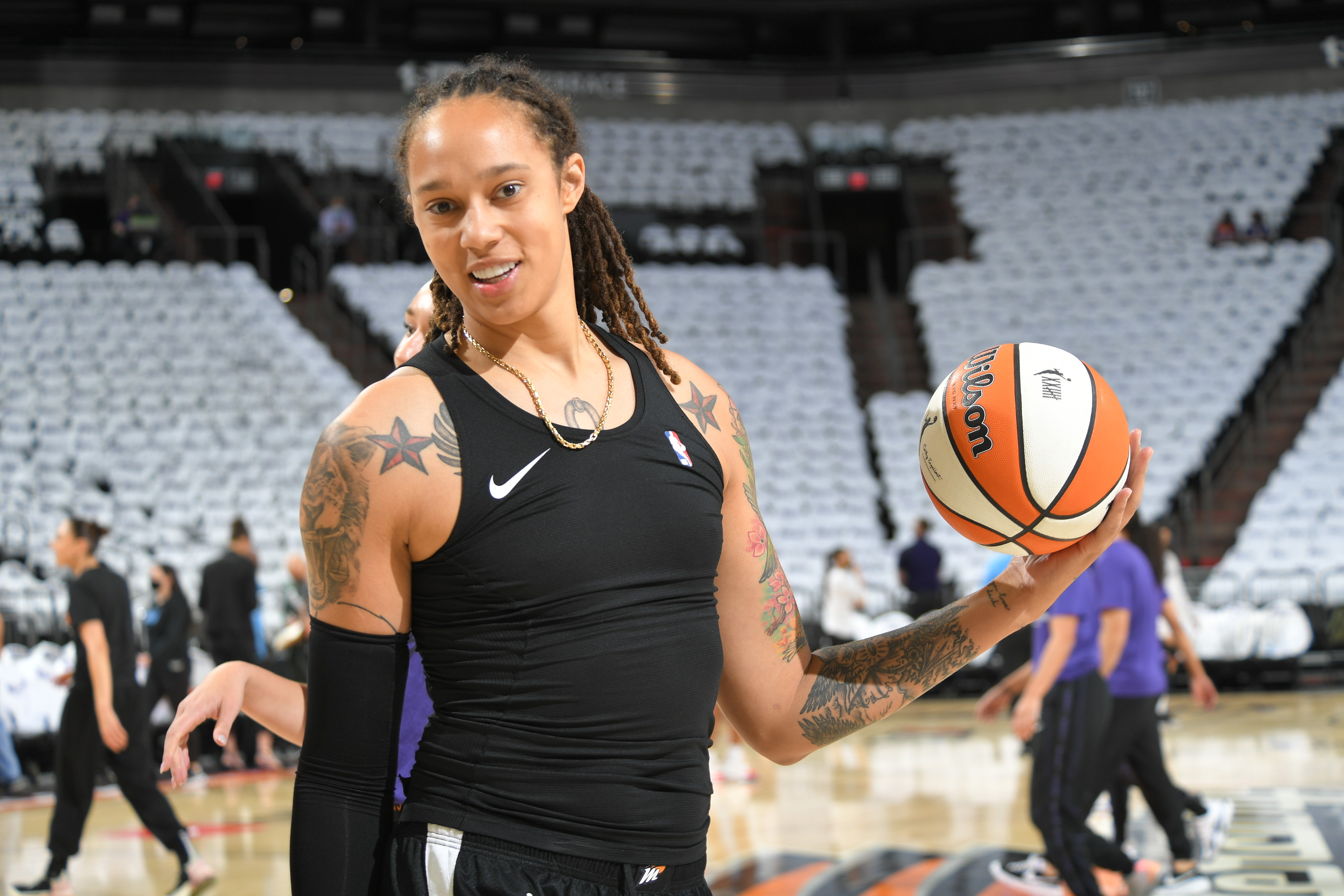 PHOENIX, AZ - OCTOBER 10: Brittney Griner #42 of the Phoenix Mercury warms up before the game against the Chicago Sky during Game One of the 2021 WNBA Finals on October 10, 2021 at Footprint in Phoenix, Arizona. NOTE TO USER: User expressly acknowledges and agrees that, by downloading and or using this photograph, user is consenting to the terms and conditions of the Getty Images License Agreement. Mandatory Copyright Notice: Copyright 2021 NBAE (Photo by Michael Gonzales/NBAE via Getty Images)