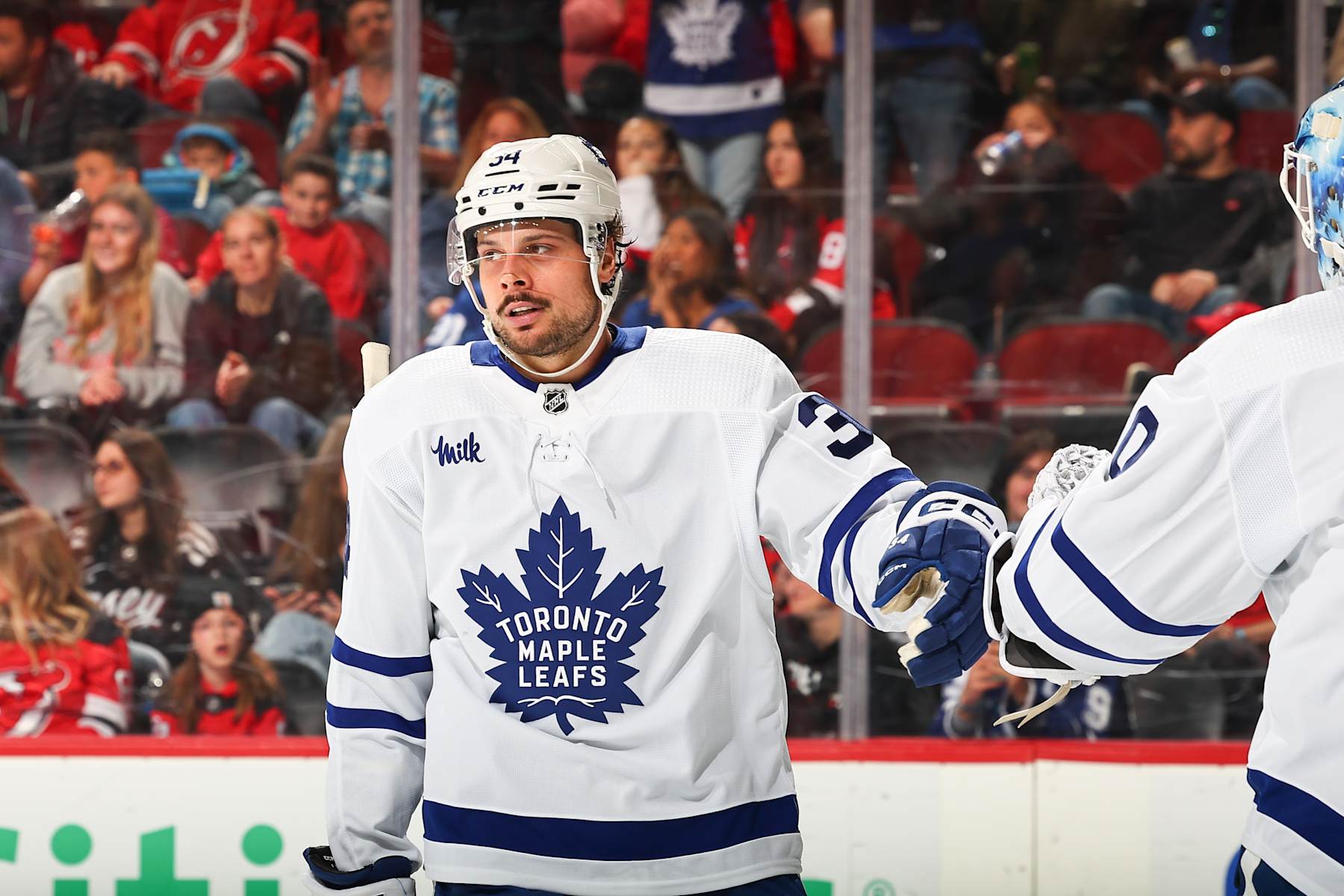 NEWARK, NJ - APRIL 09: Auston Matthews #34 of the Toronto Maple Leafs celebrates his goal in the third period of the game against the New Jersey Devils at the Prudential Center on April 9, 2024 in Newark, New Jersey.  (Photo by Rich Graessle/NHLI via Getty Images)