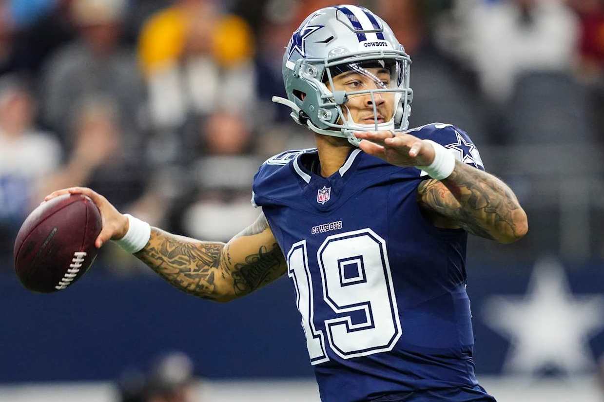 ARLINGTON, TX - JANUARY 05: Trey Lance #19 of the Dallas Cowboys throws the ball during an NFL football game against the Washington Commanders at AT&T Stadium on January 5, 2025 in Arlington, Texas. (Photo by Cooper Neill/Getty Images)