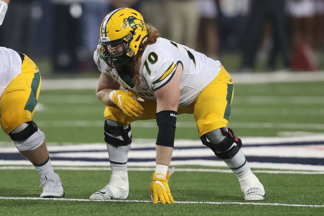 TUCSON, AZ - SEPTEMBER 17: North Dakota State Bison offensive tackle Cody Mauch #70 during a college football game between the North Dakota State Bison and the University of Arizona Wildcats on September 17, 2022 at Arizona Stadium in Tucson, AZ.  (Photo by Christopher Hook/Icon Sportswire via Getty Images)