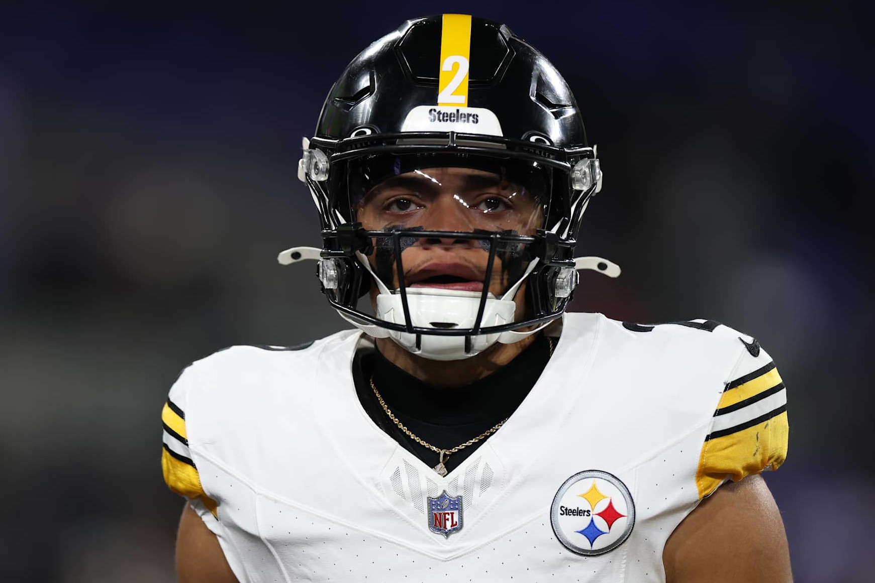 BALTIMORE, MARYLAND - JANUARY 11: Justin Fields #2 of the Pittsburgh Steelers warms up prior to the game against the Baltimore Ravens during the AFC Wild Card Playoff at M&T Bank Stadium on January 11, 2025 in Baltimore, Maryland.  (Photo by Scott Taetsch/Getty Images)