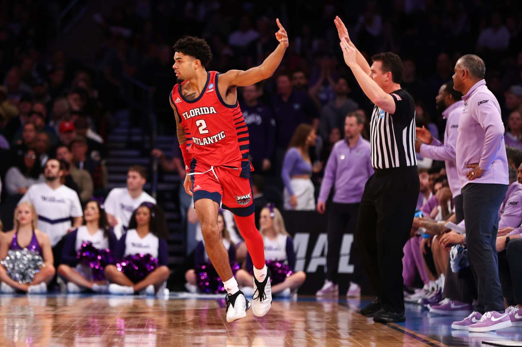 NEW YORK, NEW YORK - MARCH 25: Nick Boyd #2 of the Florida Atlantic Owls reacts during the first half of the game against the Kansas State Wildcats during the Elite Eight round of the 2023 NCAA Men's Basketball Tournament held at Madison Square Garden on March 25, 2023 in New York City. (Photo by Jamie Schwaberow/NCAA Photos via Getty Images)