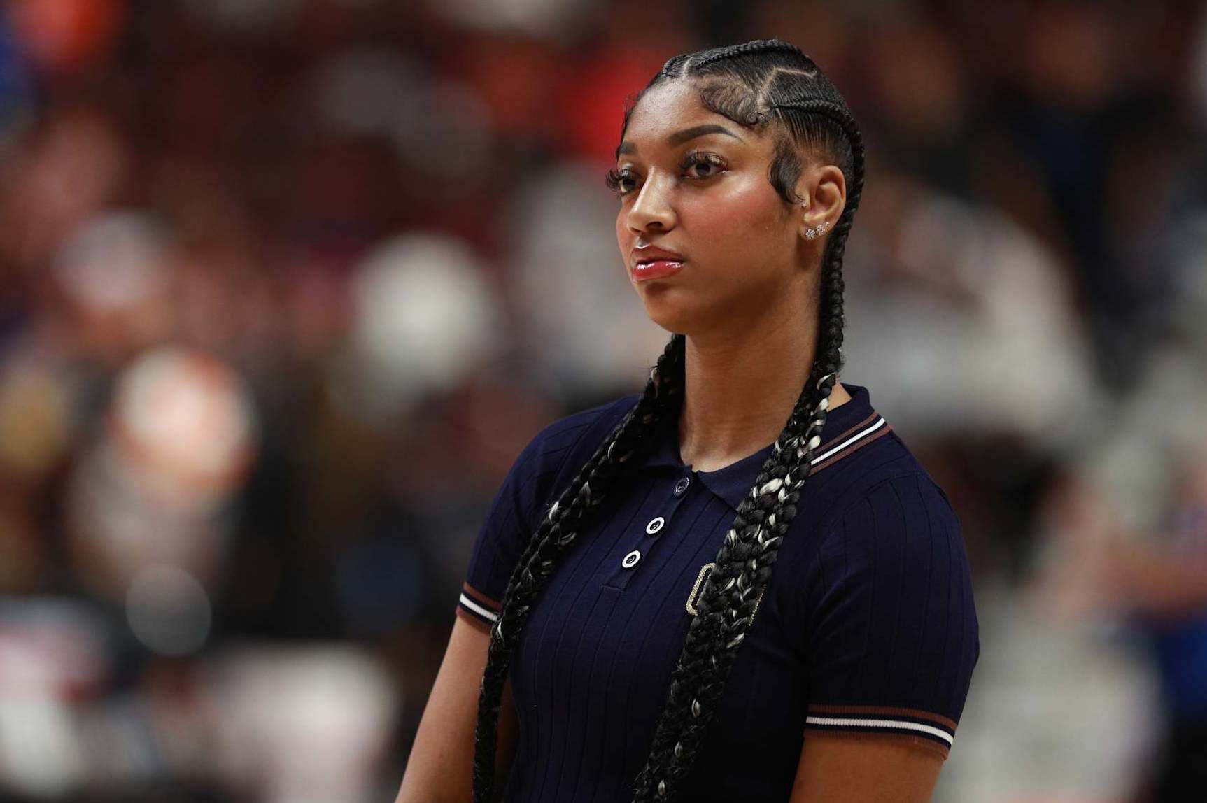 UNCASVILLE, CT - SEPTEMBER 19: Angel Reese #5 of the Chicago Sky looks on during the game against the Connecticut Sun on September 19, 2024 at the Mohegan Sun Arena in Uncasville, Connecticut. NOTE TO USER: User expressly acknowledges and agrees that, by downloading and or using this photograph, User is consenting to the terms and conditions of the Getty Images License Agreement. Mandatory Copyright Notice: Copyright 2024 NBAE (Photo by Chris Marion/NBAE via Getty Images)