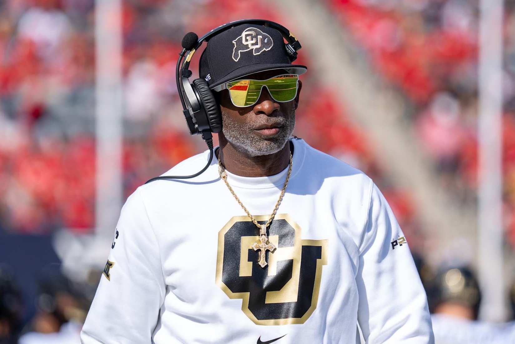 TUCSON, ARIZONA - OCTOBER 19: Deon Sanders of the University of Arizona on the sidelines against the University of Colorado at Arizona Stadium on October 19, 2024 in Tucson, Arizona. (Photo by Patrick Mulligan/Getty Images)