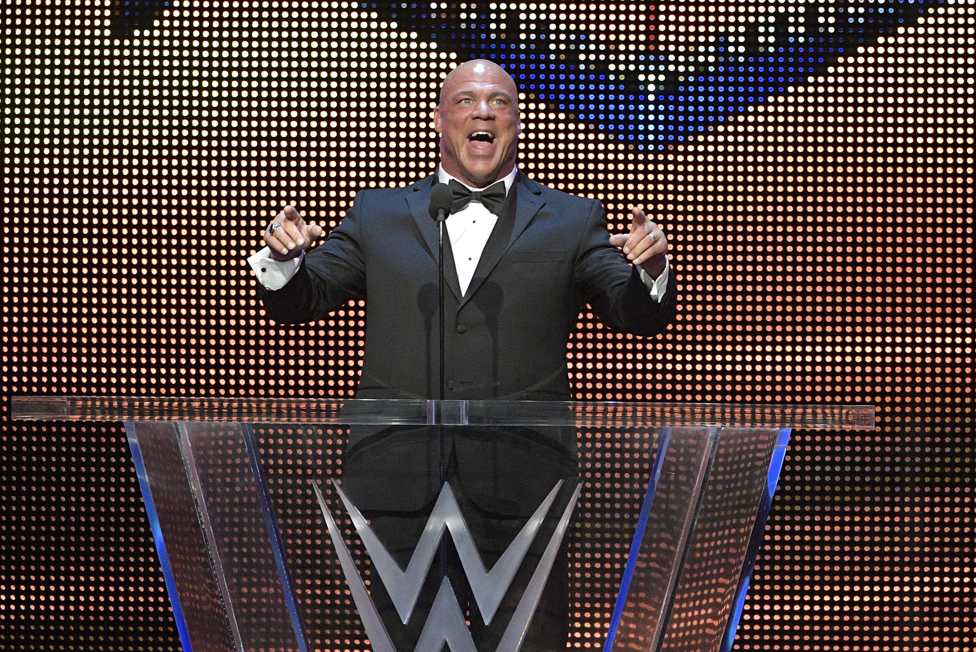 IMAGE DISTRIBUTED FOR WWE - Kurt Angle addresses the crowd after being inducted into the WWE Hall of Fame as part of the WrestleMania 33 weekend at a ceremony on Friday, March 31, 2017, in Orlando, Fla. (Phelan M. Ebenhack/AP Images for WWE)