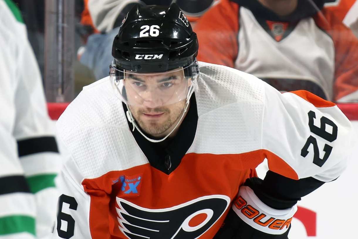 PHILADELPHIA, PENNSYLVANIA - JANUARY 18: Sean Walker #26 of the Philadelphia Flyers looks on against the Dallas Stars at the Wells Fargo Center on January 18, 2024 in Philadelphia, Pennsylvania. (Photo by Len Redkoles/NHLI via Getty Images)
