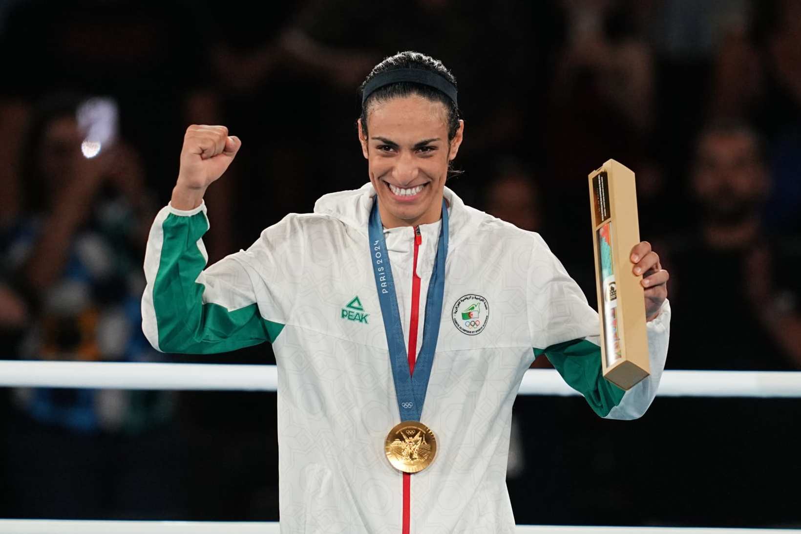 Imane Khelif of Algeria celebrates gold after beating Liu Yang of People's Republic of China during the women's Boxing 66kg final on Day 14 of the Olympic Games Paris 2024 at Roland-Garros Stadium on August 9, 2024 in Paris, France. (Photo by Ulrik Pedersen/DeFodi Images via Getty Images)