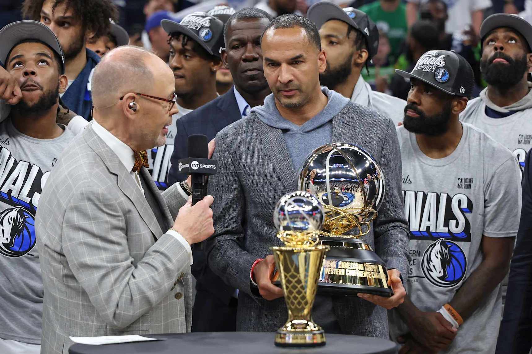 MINNEAPOLIS, MN - MAY 30: Nico Harrison of the Dallas Mavericks holds the Oscar Robertson Western Conference Finals Championship trophy after the game against the Minnesota Timberwolves during Game 5 of the Western Conference Finals during the 2024 NBA Playoffs on May 30, 2024 at Target Center in Minneapolis, Minnesota. NOTE TO USER: User expressly acknowledges and agrees that, by downloading and or using this Photograph, user is consenting to the terms and conditions of the Getty Images License Agreement. Mandatory Copyright Notice: Copyright 2024 NBAE (Photo by David Sherman/NBAE via Getty Images)