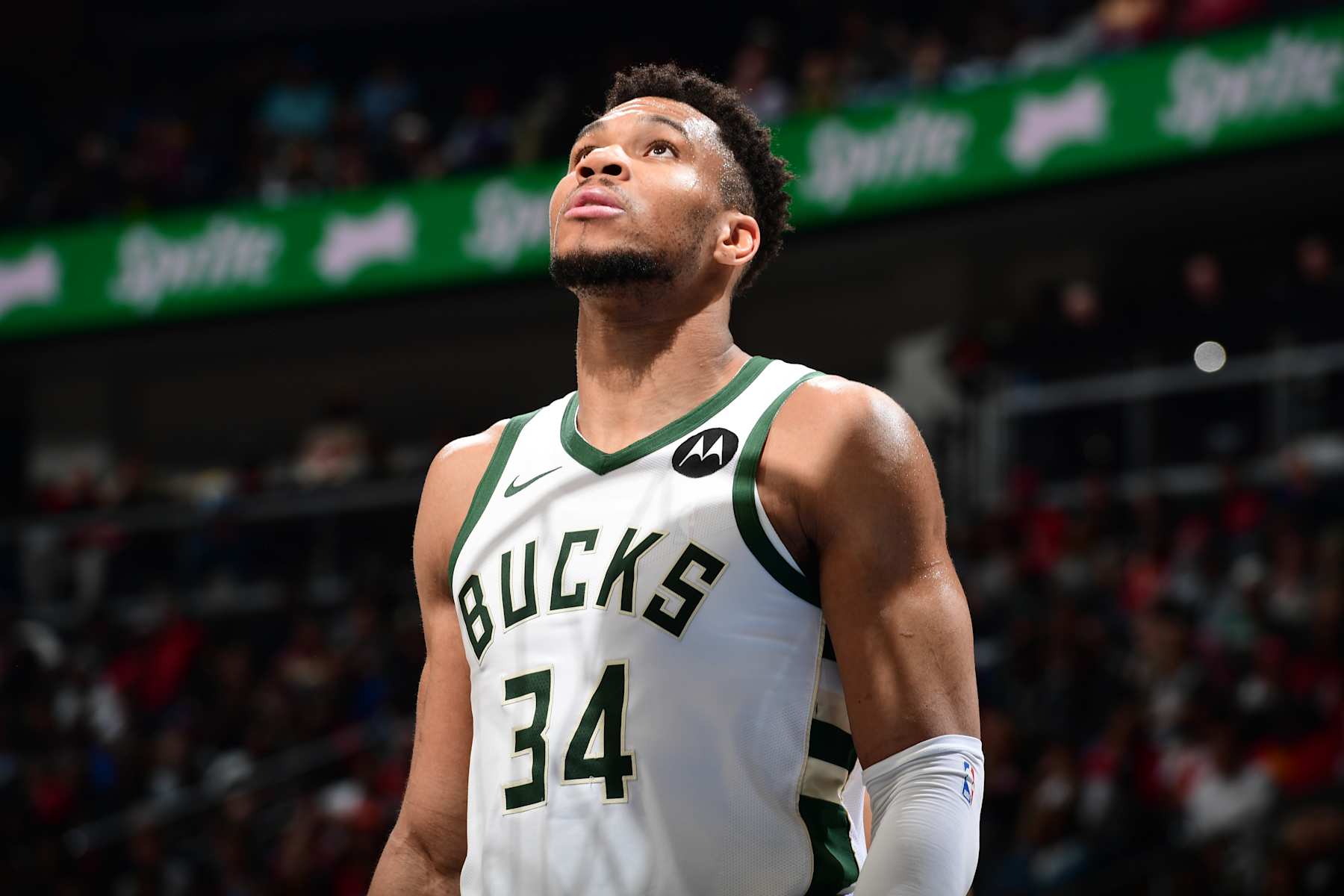 ATLANTA, GA - MARCH 30: Giannis Antetokounmpo #34 of the Milwaukee Bucks looks on during the game against the Atlanta Hawks on March 30, 2024 at State Farm Arena in Atlanta, Georgia.  NOTE TO USER: User expressly acknowledges and agrees that, by downloading and/or using this Photograph, user is consenting to the terms and conditions of the Getty Images License Agreement. Mandatory Copyright Notice: Copyright 2024 NBAE (Photo by Scott Cunningham/NBAE via Getty Images)
