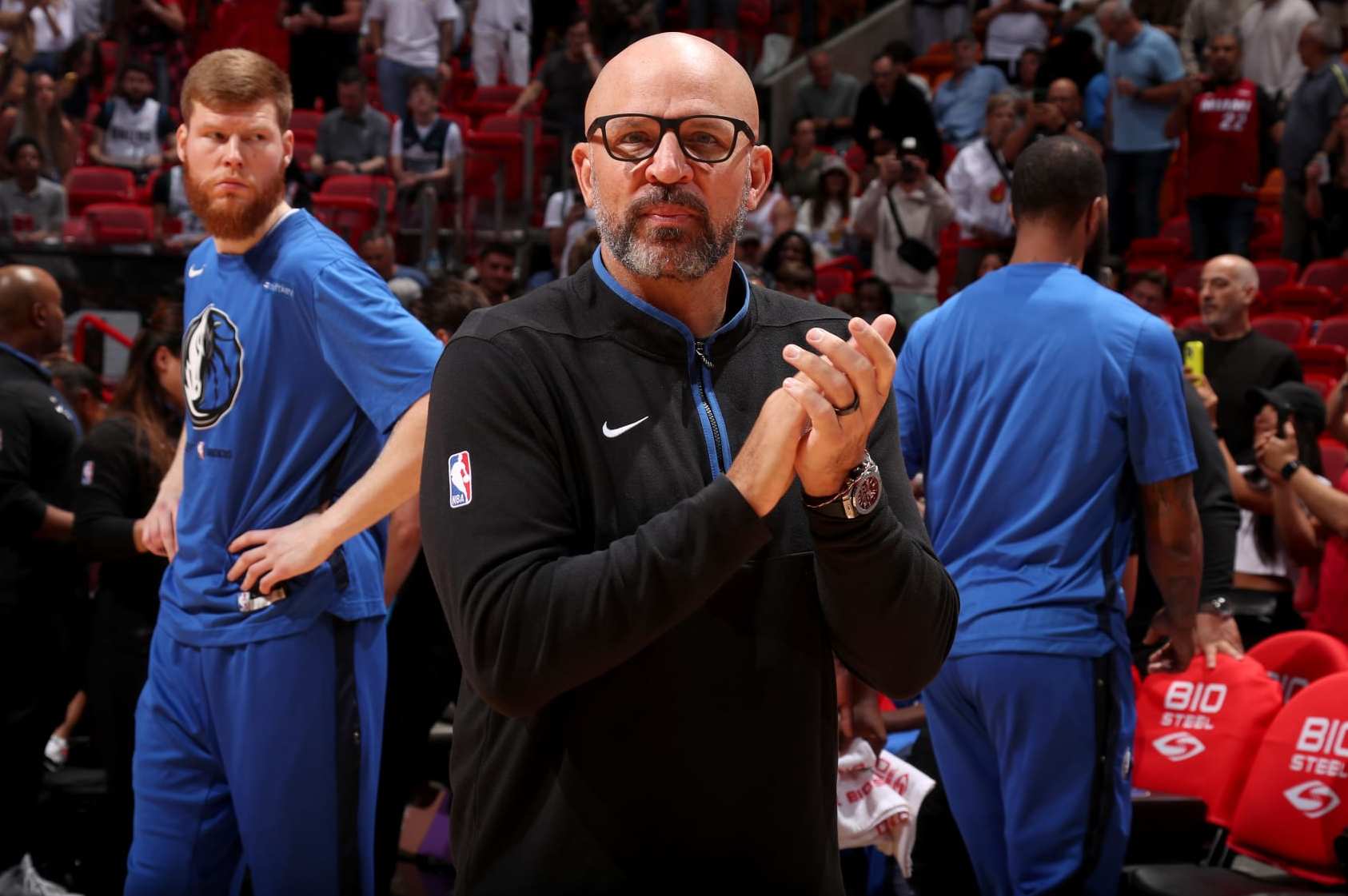 MIAMI, FL - APRIL 1: Head Coach Jason Kidd of the Dallas Mavericks smiles before the game against the Miami Heat on April 1, 2023 at Miami-Dade Arena in Miami, Florida. NOTE TO USER: User expressly acknowledges and agrees that, by downloading and or using this Photograph, user is consenting to the terms and conditions of the Getty Images License Agreement. Mandatory Copyright Notice: Copyright 2023 NBAE (Photo by Issac Baldizon/NBAE via Getty Images) MIAMI, FL - APRIL 1: Head Coach Jason Kidd of the Dallas Mavericks smiles before the game against the Miami Heat on April 1, 2023 at Miami-Dade Arena in Miami, Florida. NOTE TO USER: User expressly acknowledges and agrees that, by downloading and or using this Photograph, user is consenting to the terms and conditions of the Getty Images License Agreement. Mandatory Copyright Notice: Copyright 2023 NBAE (Photo by Issac Baldizon/NBAE via Getty Images)