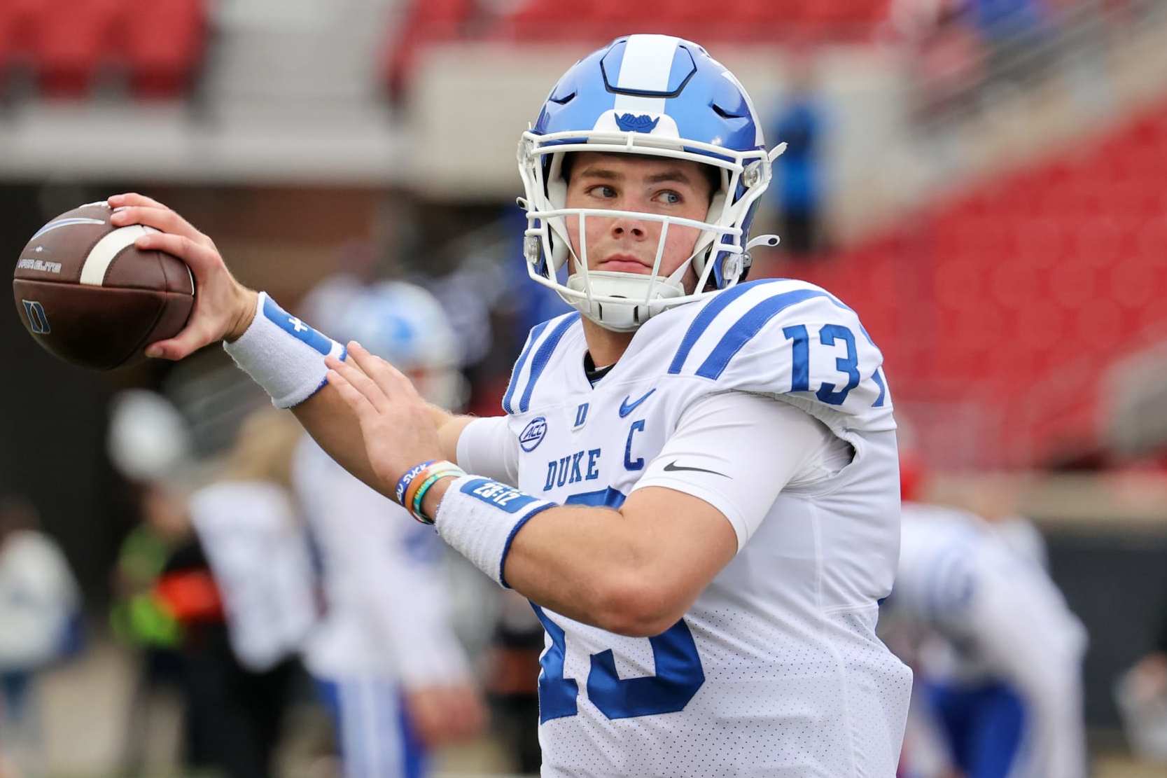 LOUISVILLE, KY - OCTOBER 28: Duke Blue Devils quarterback Riley Leonard (13) warms up prior to the college football game between the Duke Blue Devils and Louisville Cardinals on October 28, 2023, at L&N Federal Credit Union Stadium in Louisville, KY.  (Photo by Frank Jansky/Icon Sportswire via Getty Images)