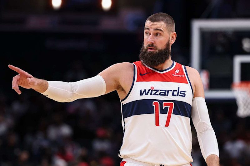 WASHINGTON, DC - OCTOBER 30: Jonas Valanciunas #17 of the Washington Wizards reacts against the Atlanta Hawks during the first half at Capital One Arena on October 30, 2024 in Washington, DC. NOTE TO USER: User expressly acknowledges and agrees that, by downloading and or using this photograph, User is consenting to the terms and conditions of the Getty Images License Agreement. (Photo by Scott Taetsch/Getty Images)