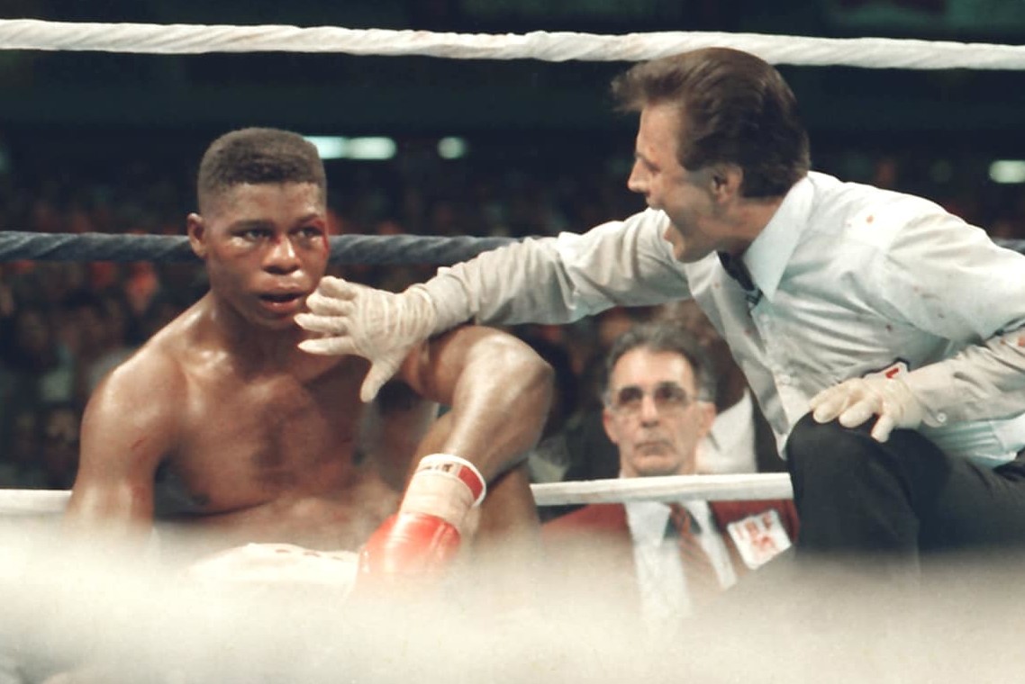 ATLANTIC CITY, NJ - OCTOBER 16: Boxer Tyrell Biggs gets knocked out by Mike Tyson at Tyson vs Biggs Convention Hall in Atlantic City, New Jersey October 16 1988. (Photo by Jeffrey Asher/ Getty Images)
