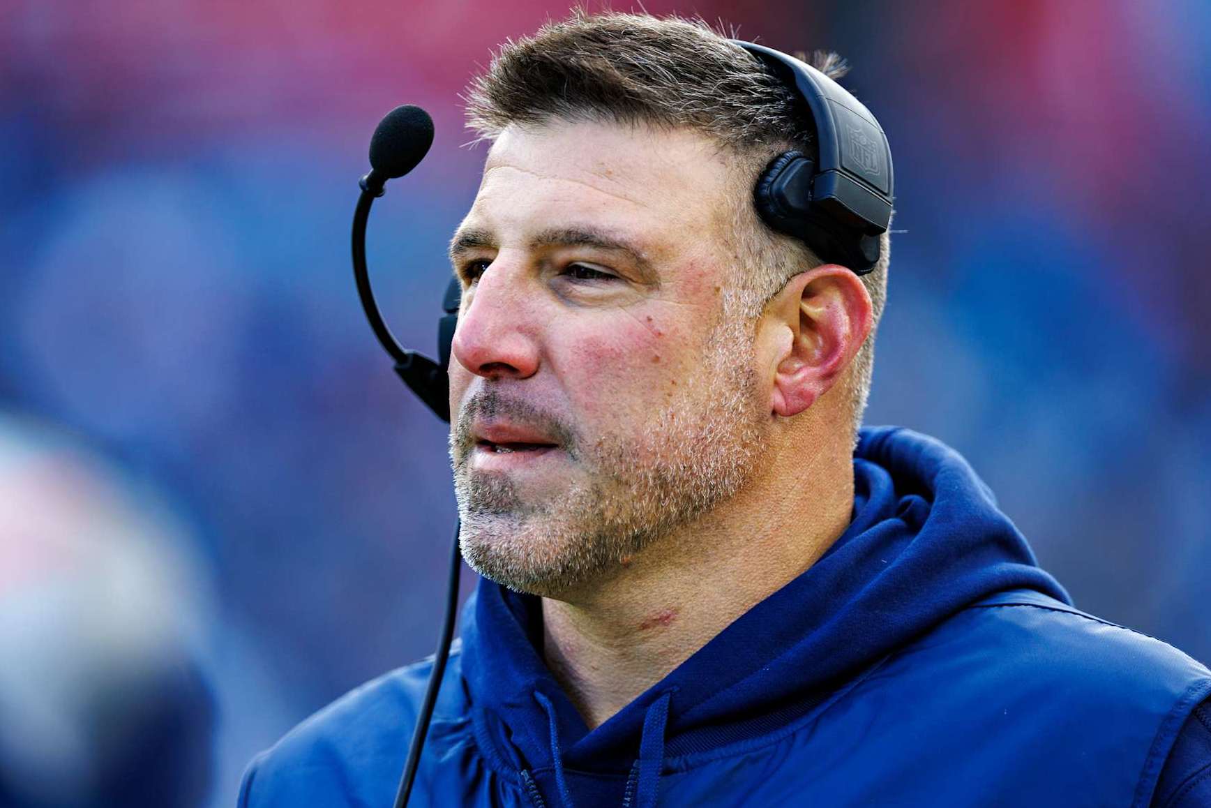NASHVILLE TENNESSEE - JANUARY 07: Head Coach Mike Vrabel of the Tennessee Titans during the game against the Jacksonville Jaguars in Nashville, Tennessee at Nissan Stadium on January 7, 2024 in Houston, Texas. The Titans defeated the Jaguars 28-20.  (Photo by Wesley Hitt/Getty Images)